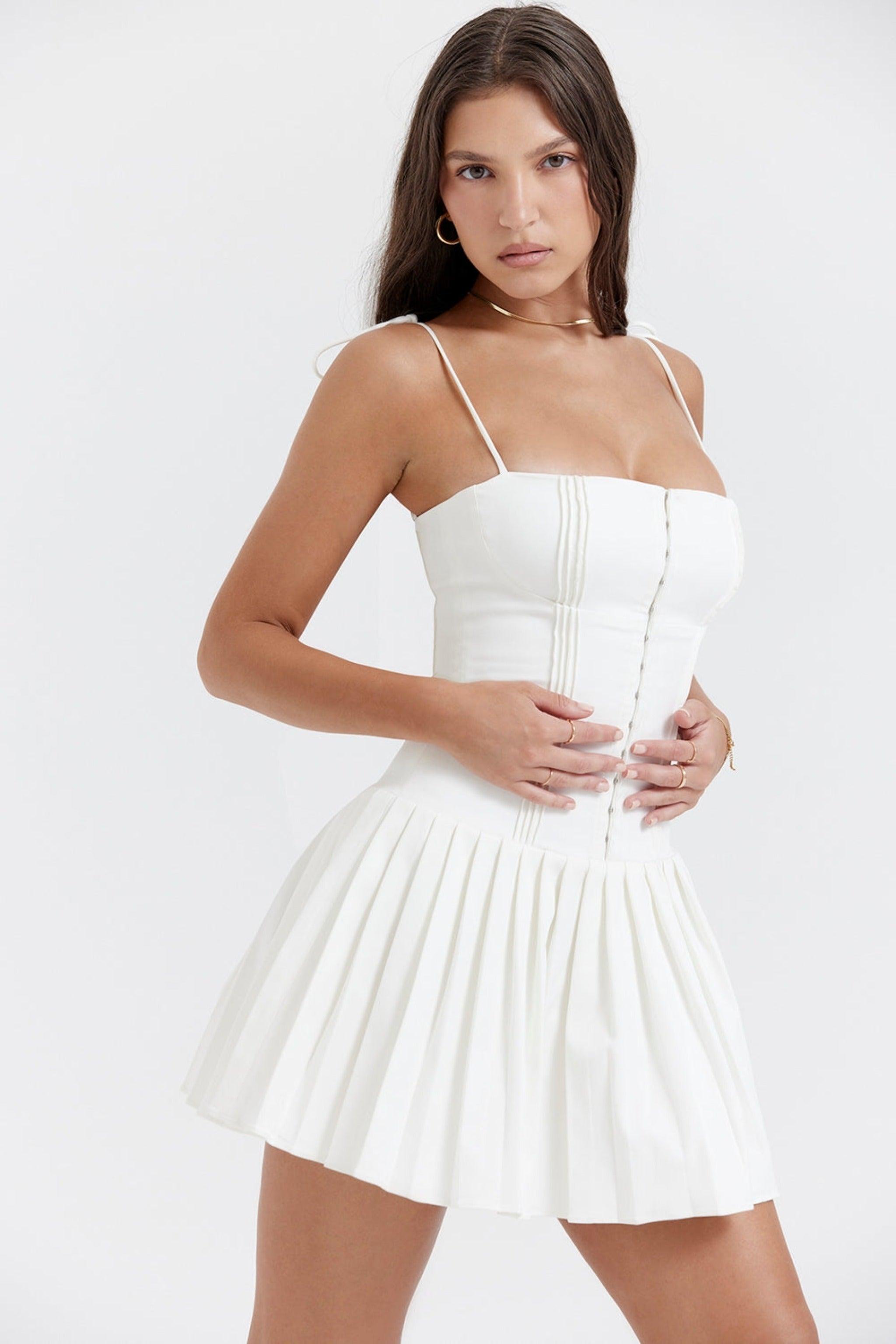 Louise White Pleated Mini Dress - Dapper Deluxe Fashion