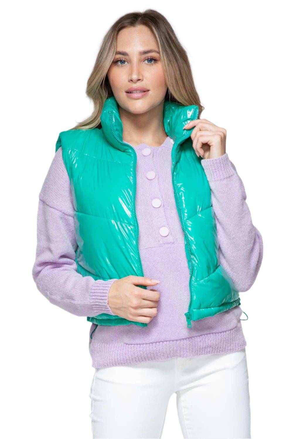 Aqua Glossy Puffer Cropped Vest - Dapper Deluxe Fashion