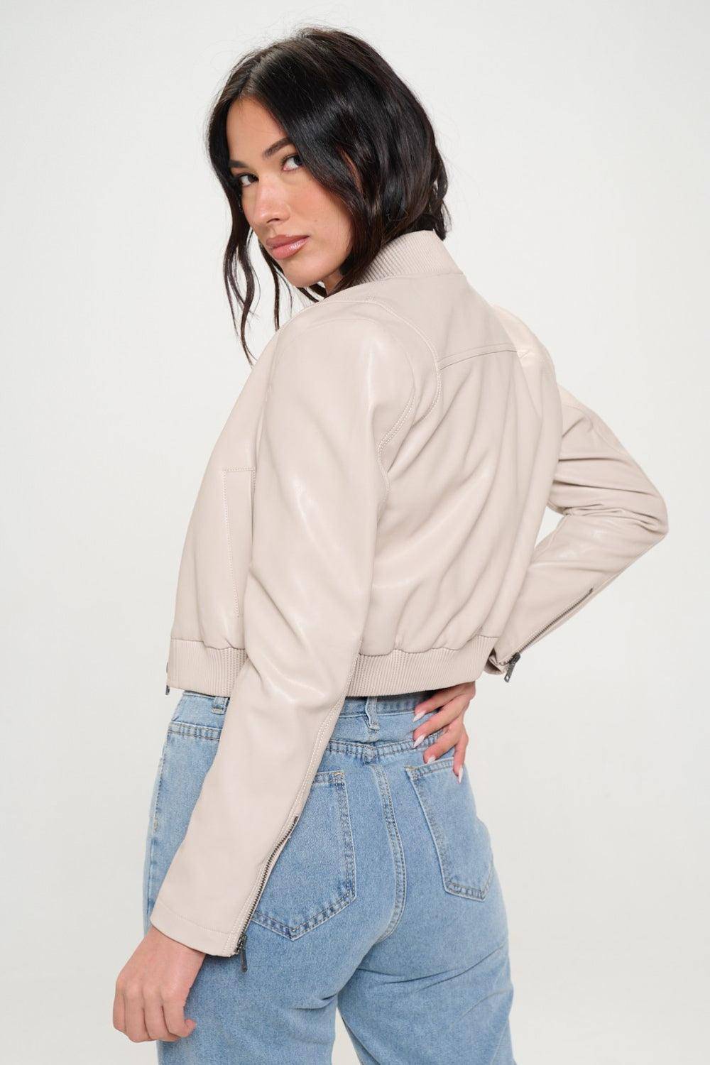 Ava Zip Up Cropped Bomber Jacket in Cream - Dapper Deluxe Fashion