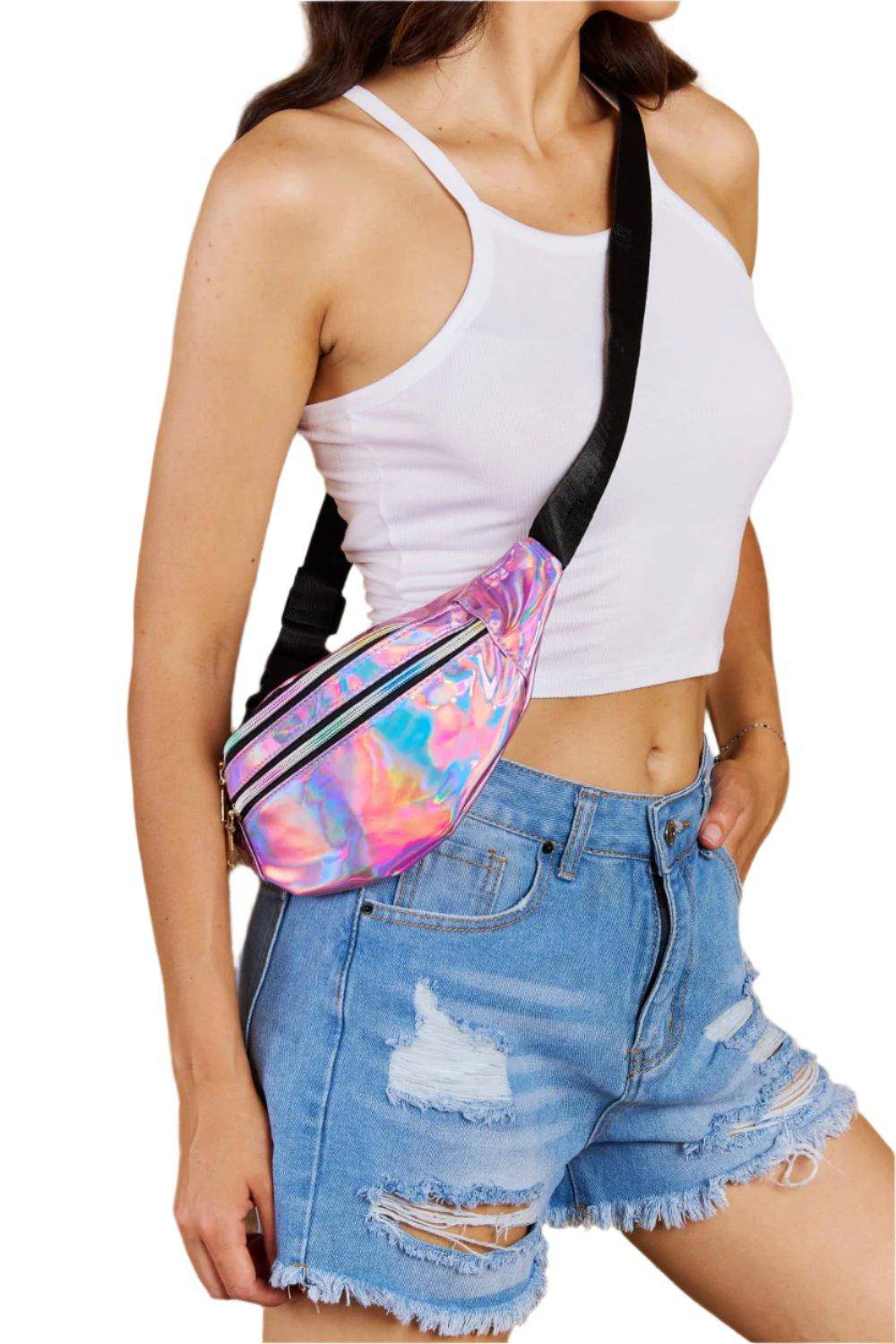 Holographic Double Zipper Fanny Pack in Hot Pink - Dapper Deluxe Fashion