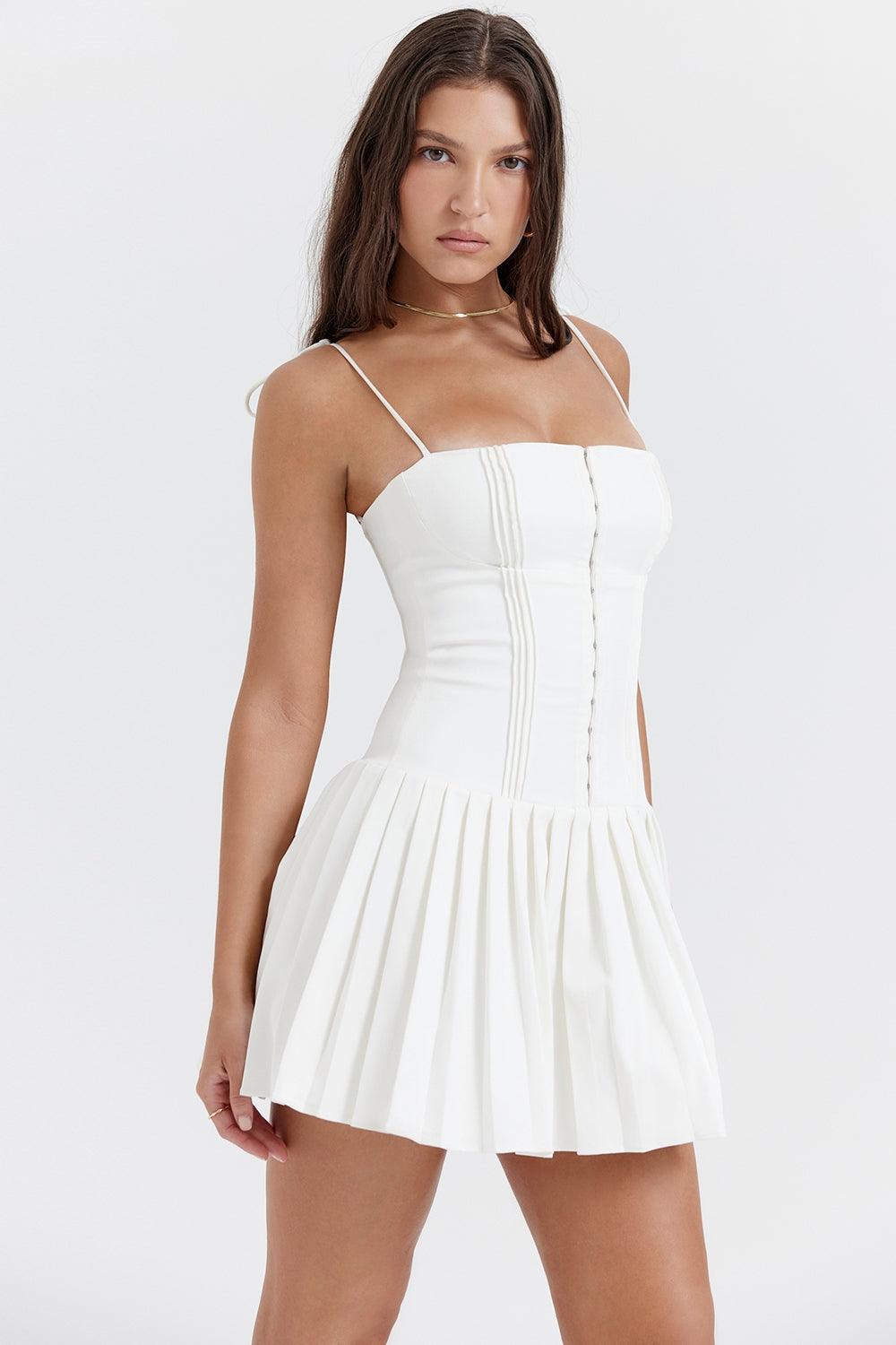 Louise White Pleated Mini Dress - Dapper Deluxe Fashion