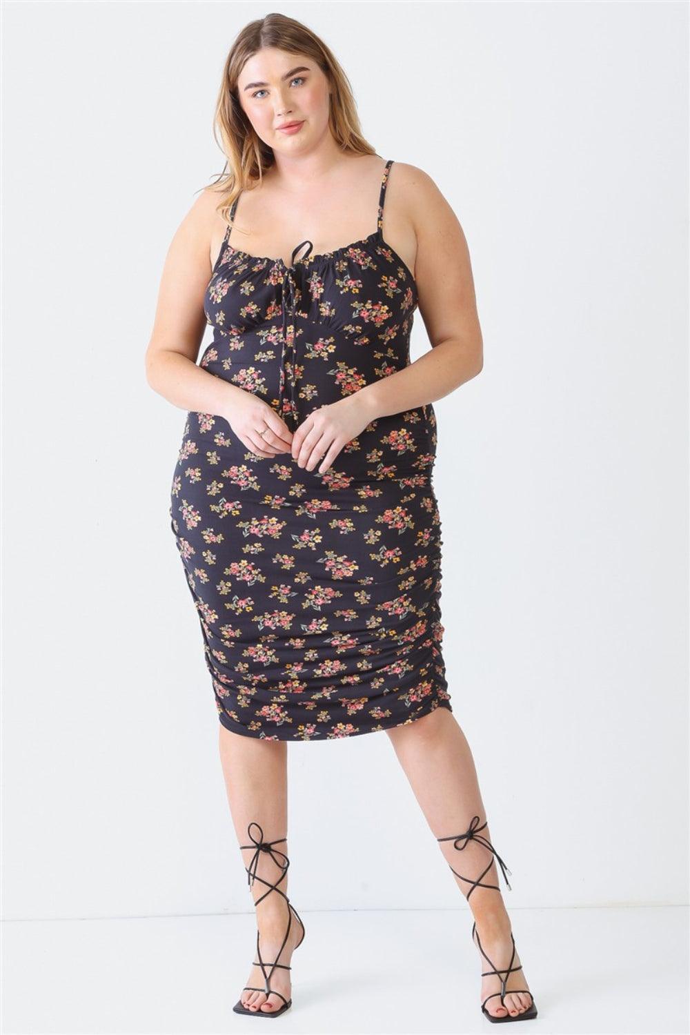 Blue Leopard Plus Size Ruched Floral Square Neck Cami Dress - Dapper Deluxe Fashion