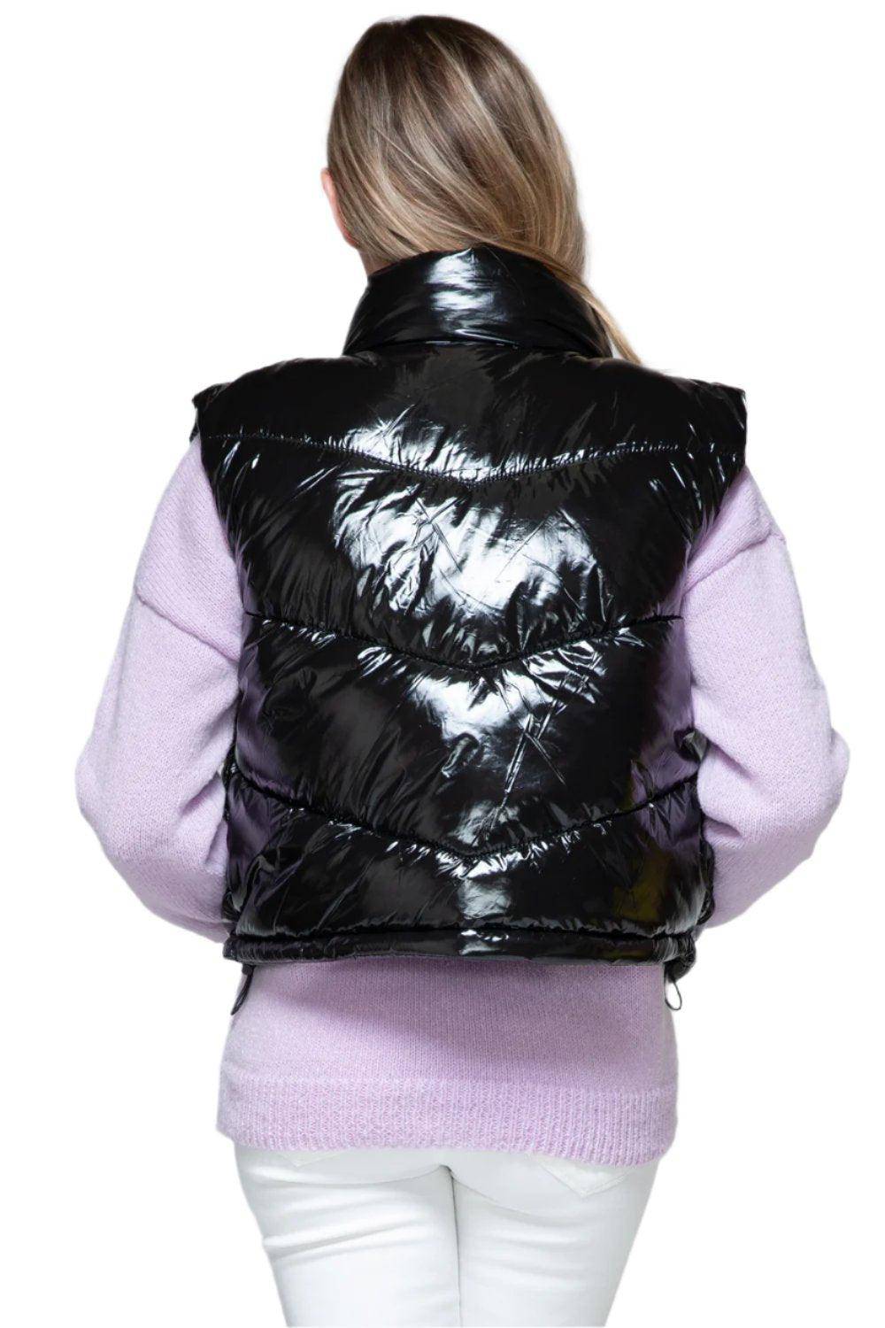 Noir Glossy Puffer Cropped Vest - Dapper Deluxe Fashion