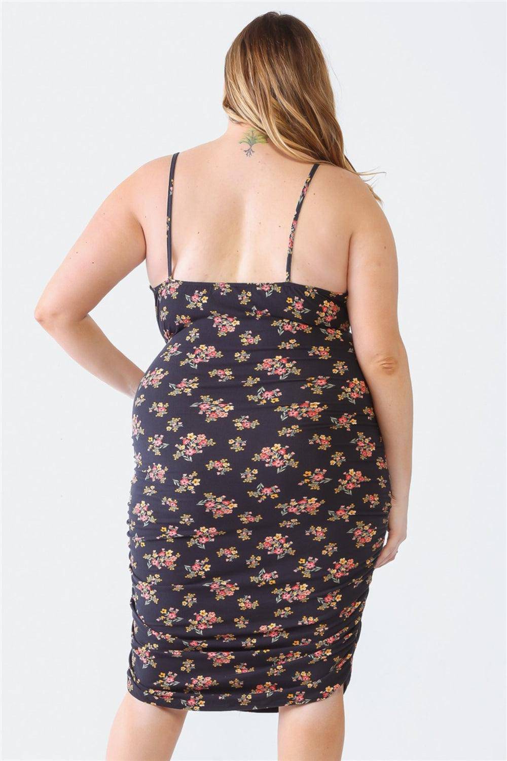 Blue Leopard Plus Size Ruched Floral Square Neck Cami Dress - Dapper Deluxe Fashion