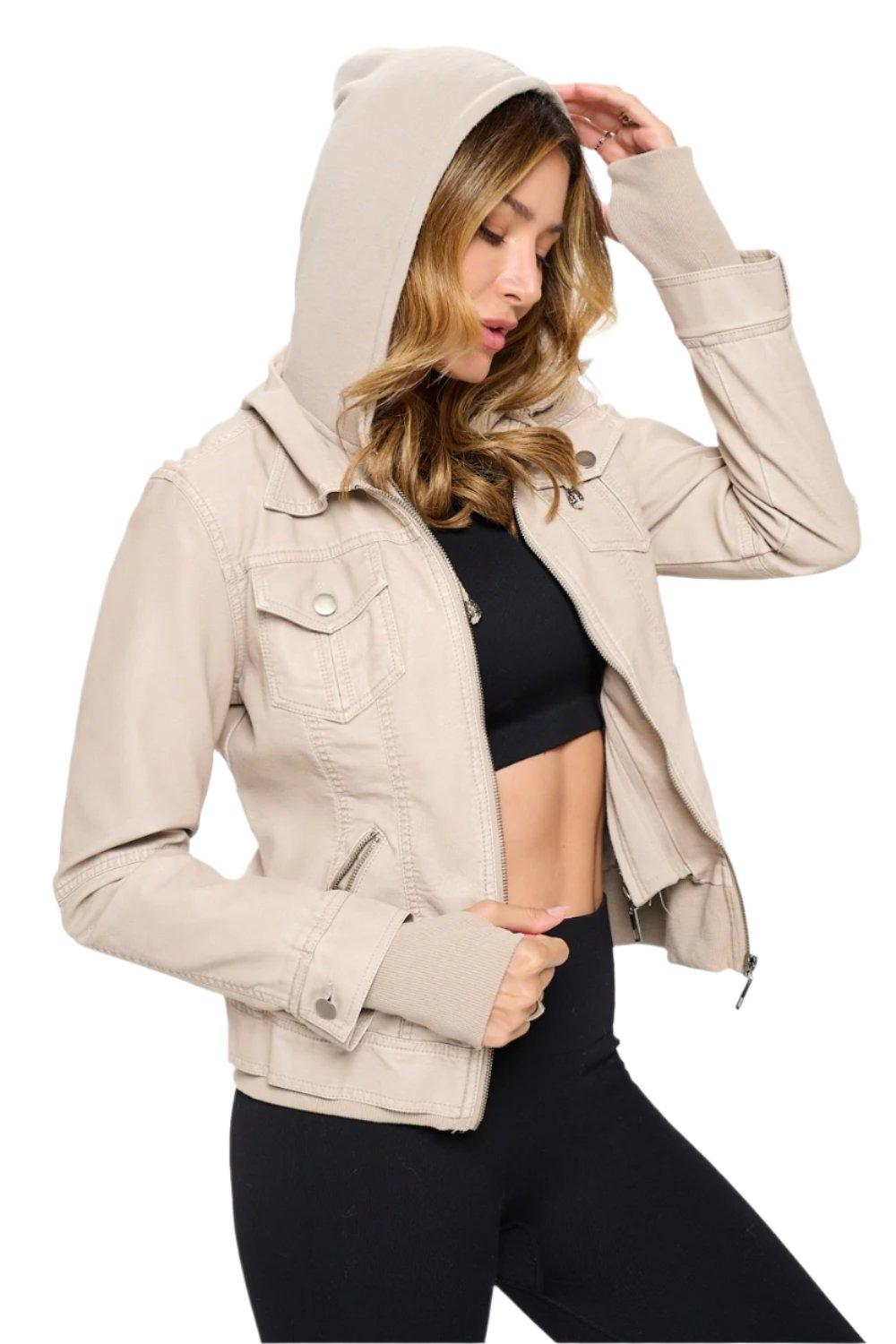 Brit Double Zip Hooded Long Sleeve Jacket in Cream - Dapper Deluxe Fashion