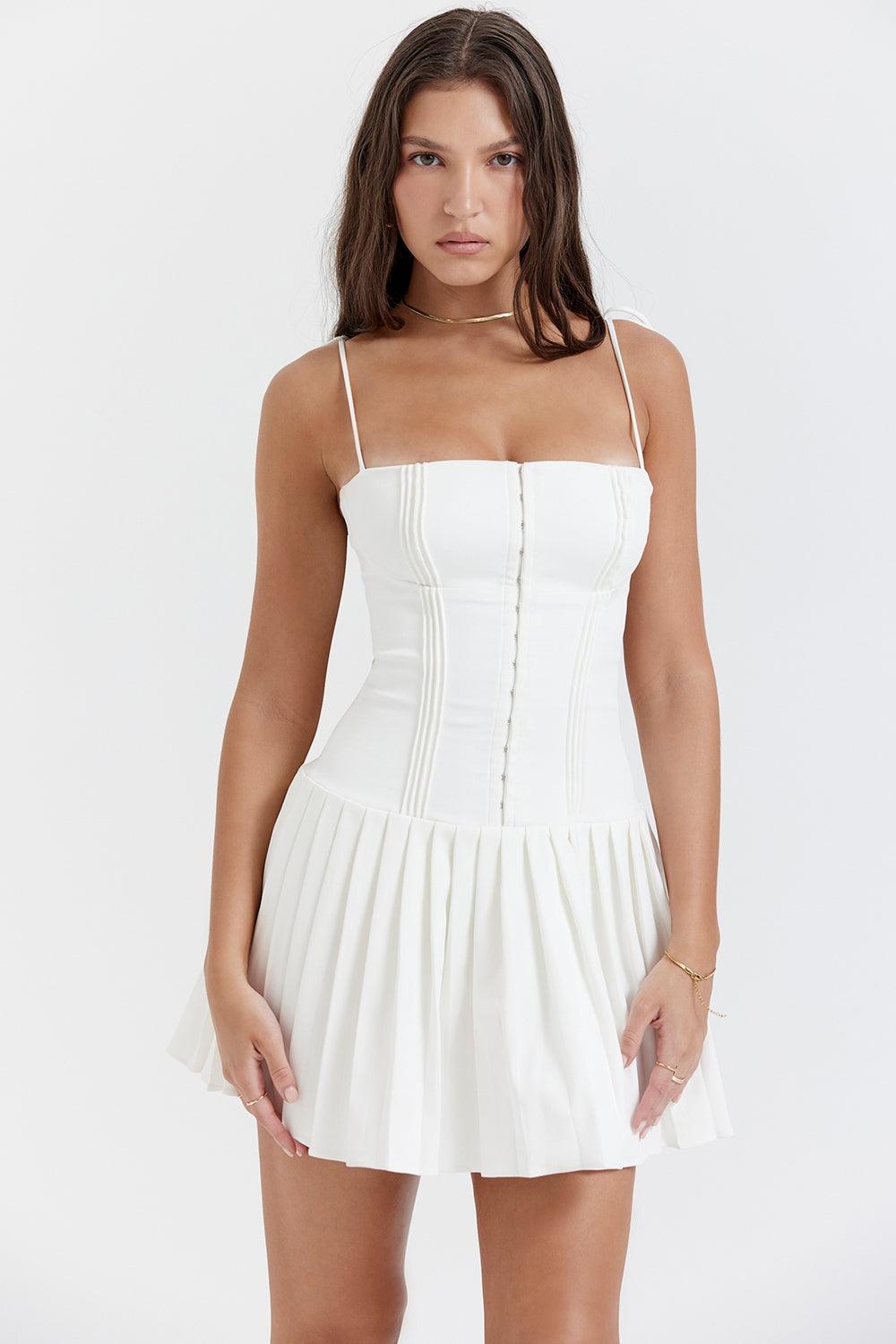 Louise White Pleated Mini Dress - Dapper Deluxe Fashion