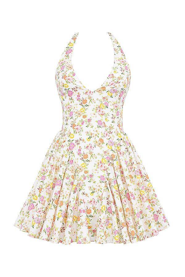 Azalea Meadow Print Cotton Halter Mini Dress - Dapper Deluxe Fashion