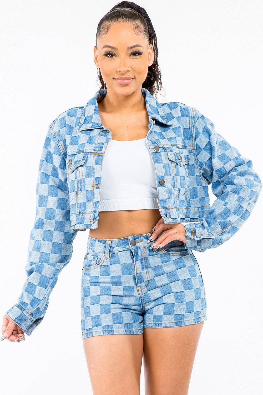 Checkered Long Sleeve Cropped Denim Jacket - Dapper Deluxe Fashion