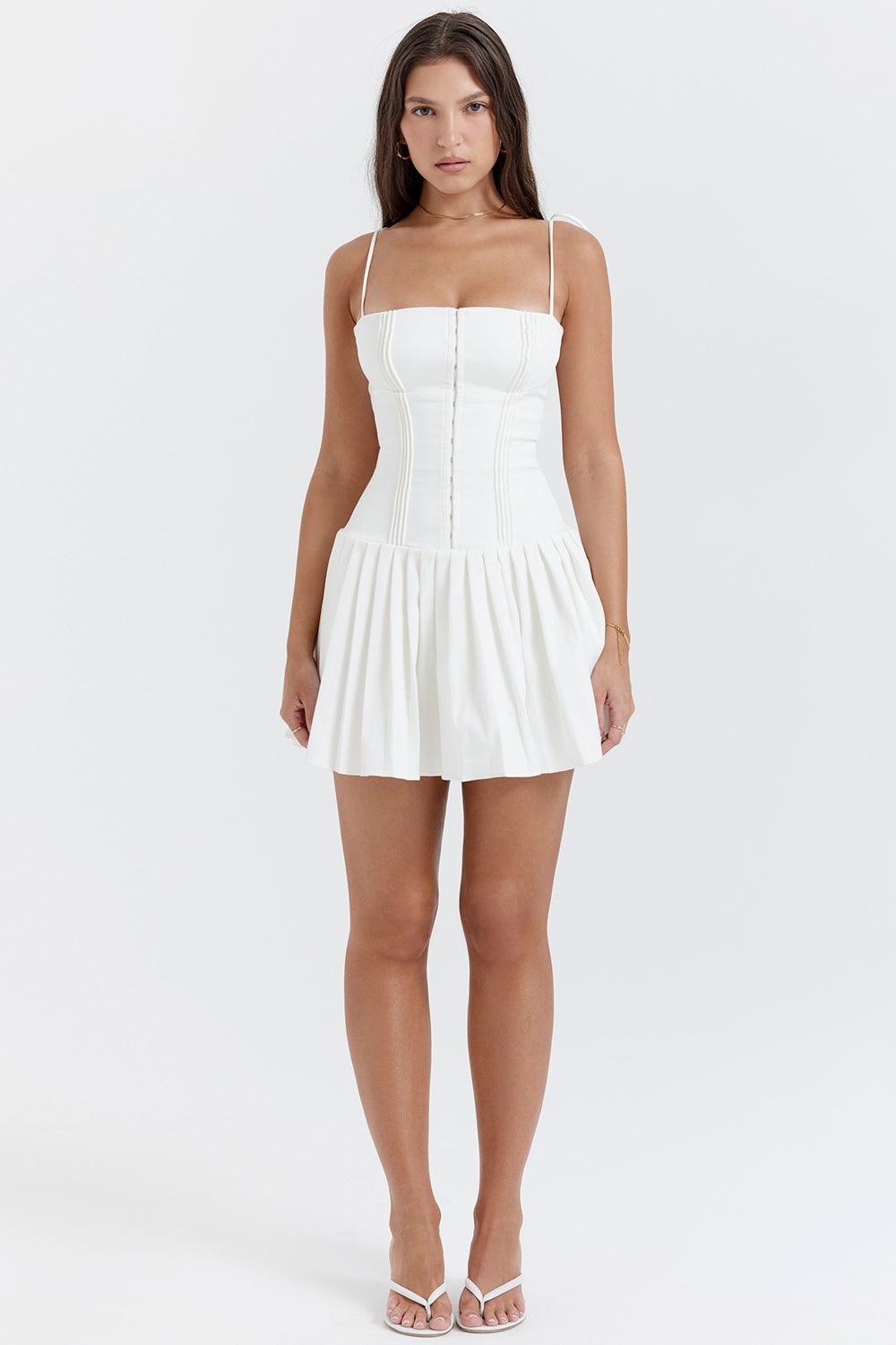 Louise White Pleated Mini Dress - Dapper Deluxe Fashion