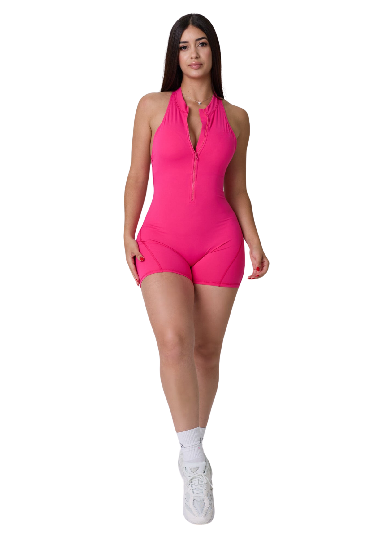 Mila Plunge-Zip Active Romper-Fuschia