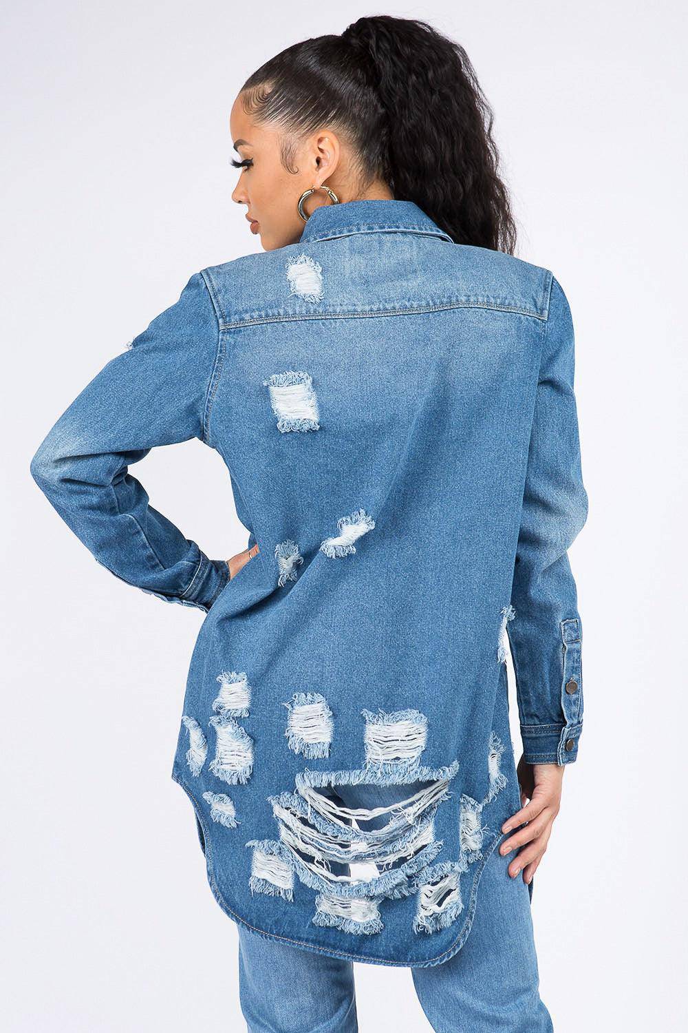 Long Distressed Denim Jacket - Dapper Deluxe Fashion