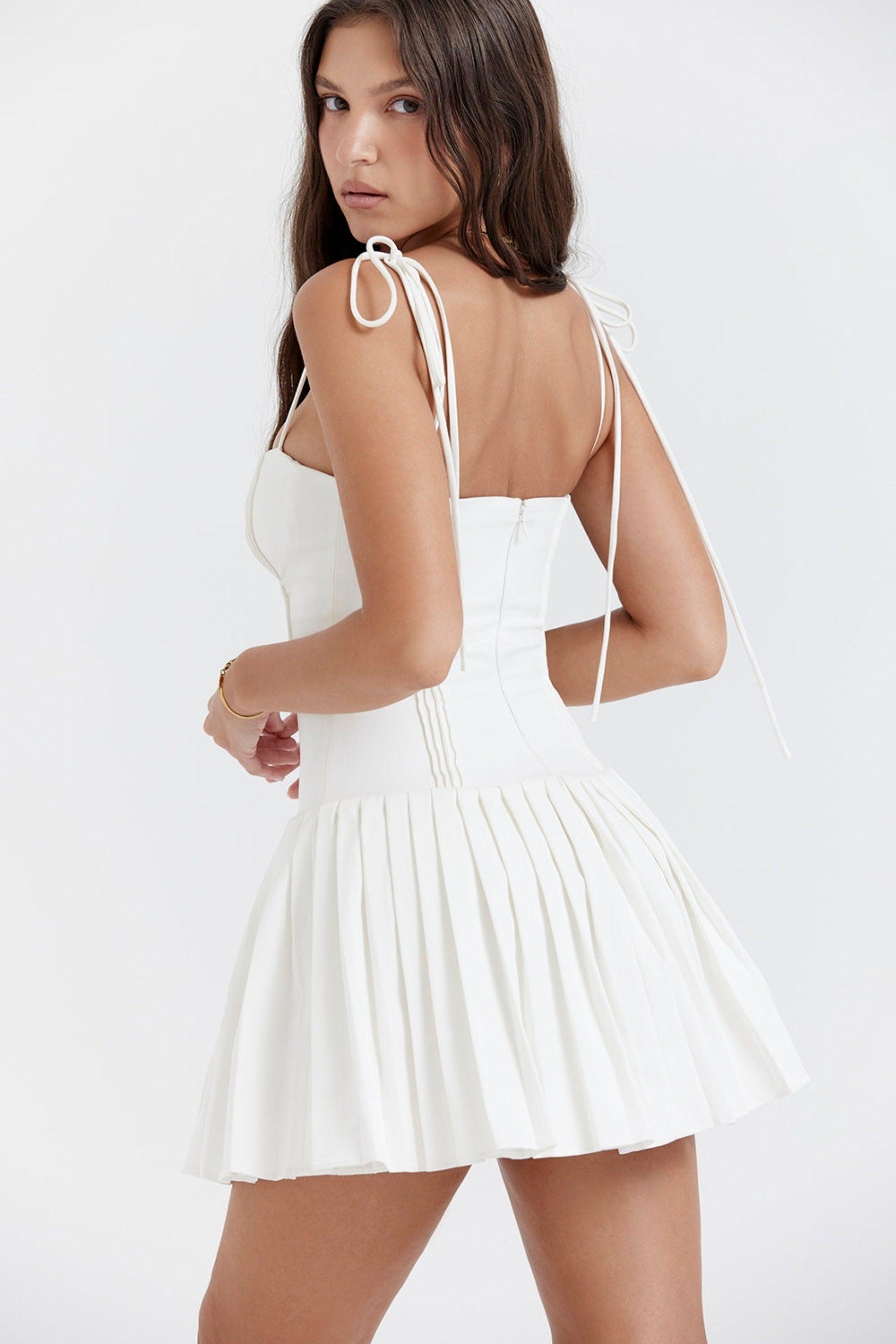 Louise White Pleated Mini Dress - Dapper Deluxe Fashion