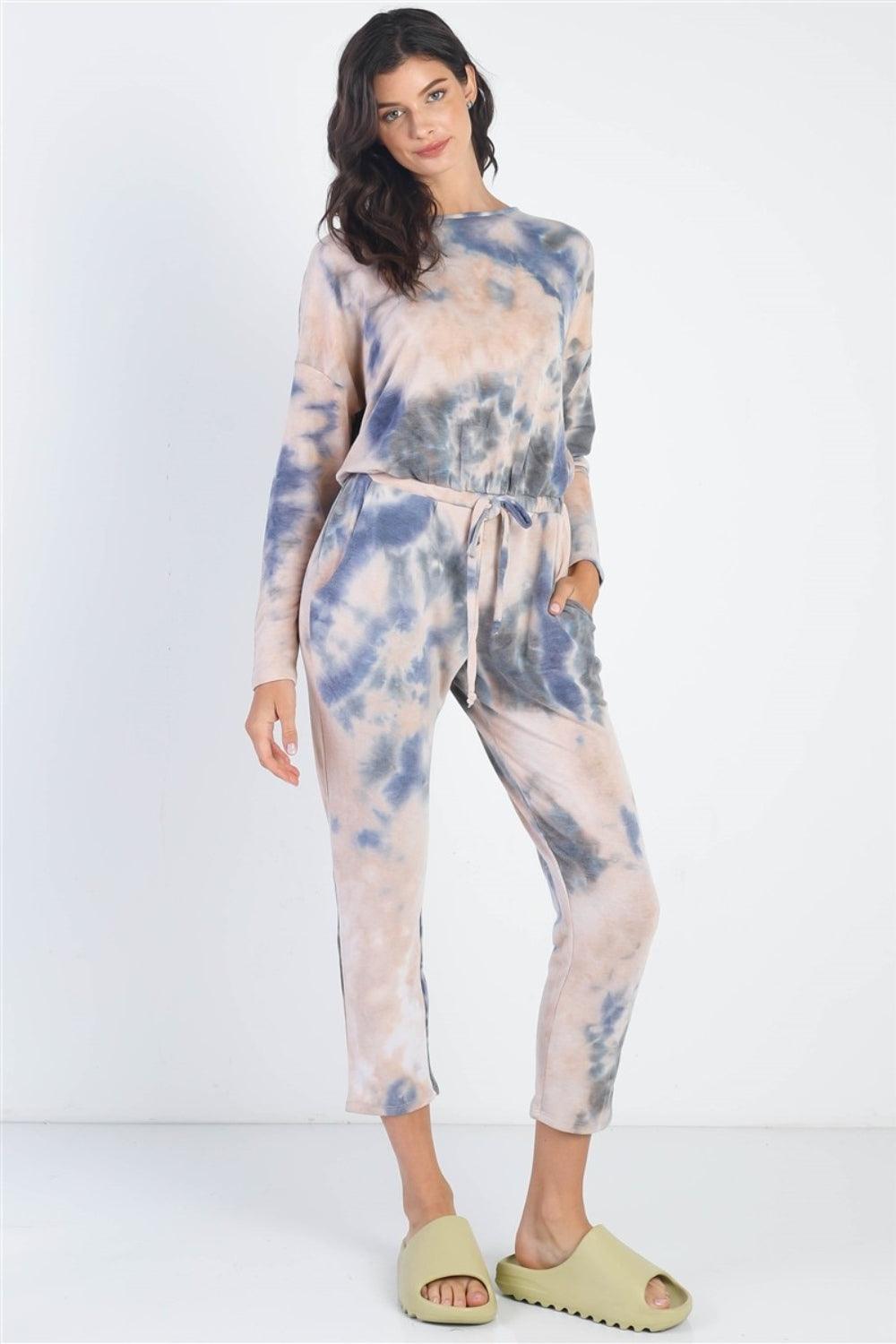 Cherish Apparel Tie-Dye Round Neck Long Sleeve Jumpsuit - Dapper Deluxe Fashion