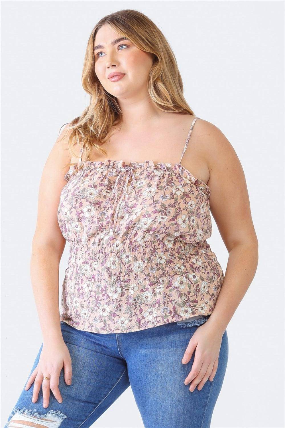 Zenobia Plus Size Frill Floral Square Neck Cami - Dapper Deluxe Fashion