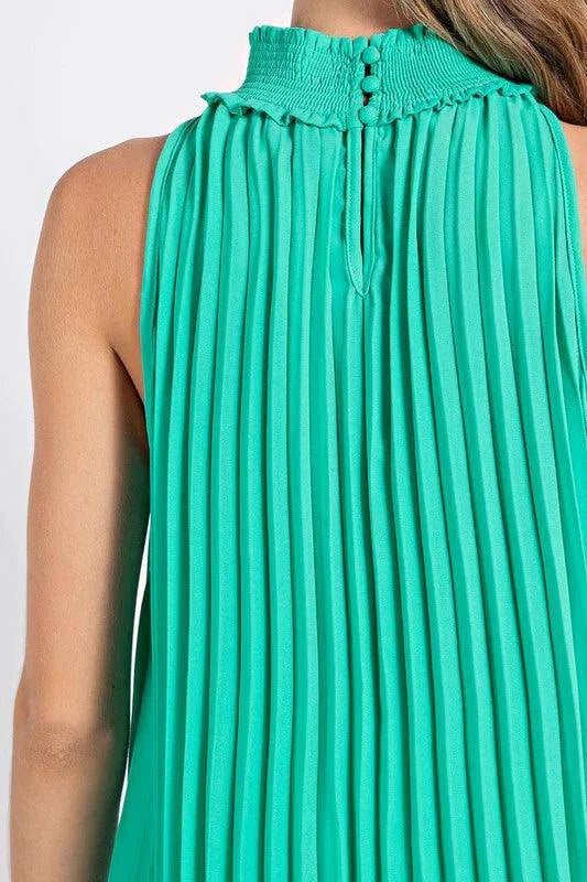 Smocked Mock Neck Pleated Sleeveless Top - Dapper Deluxe Fashion