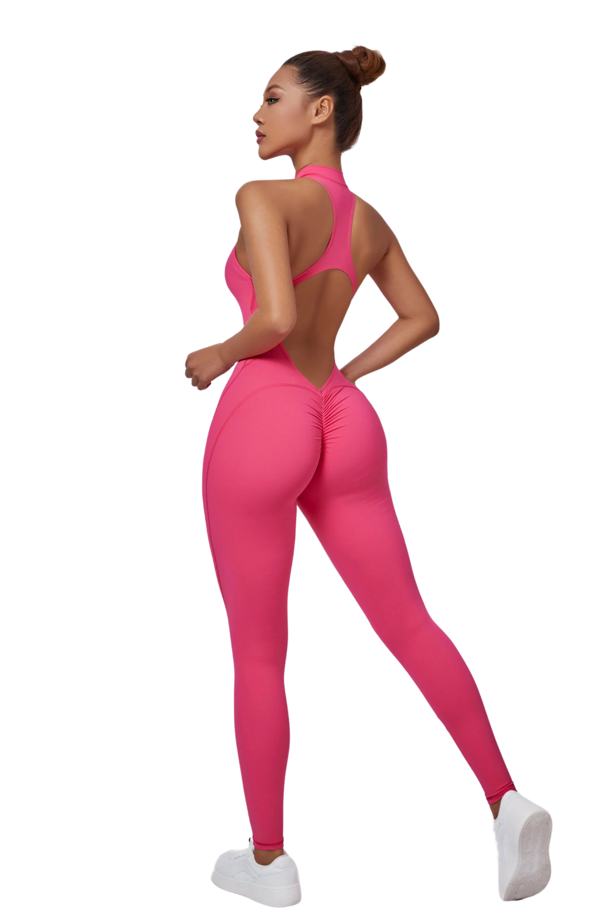 Mila Plunge-Zip Active Jumpsuit-Fuschia