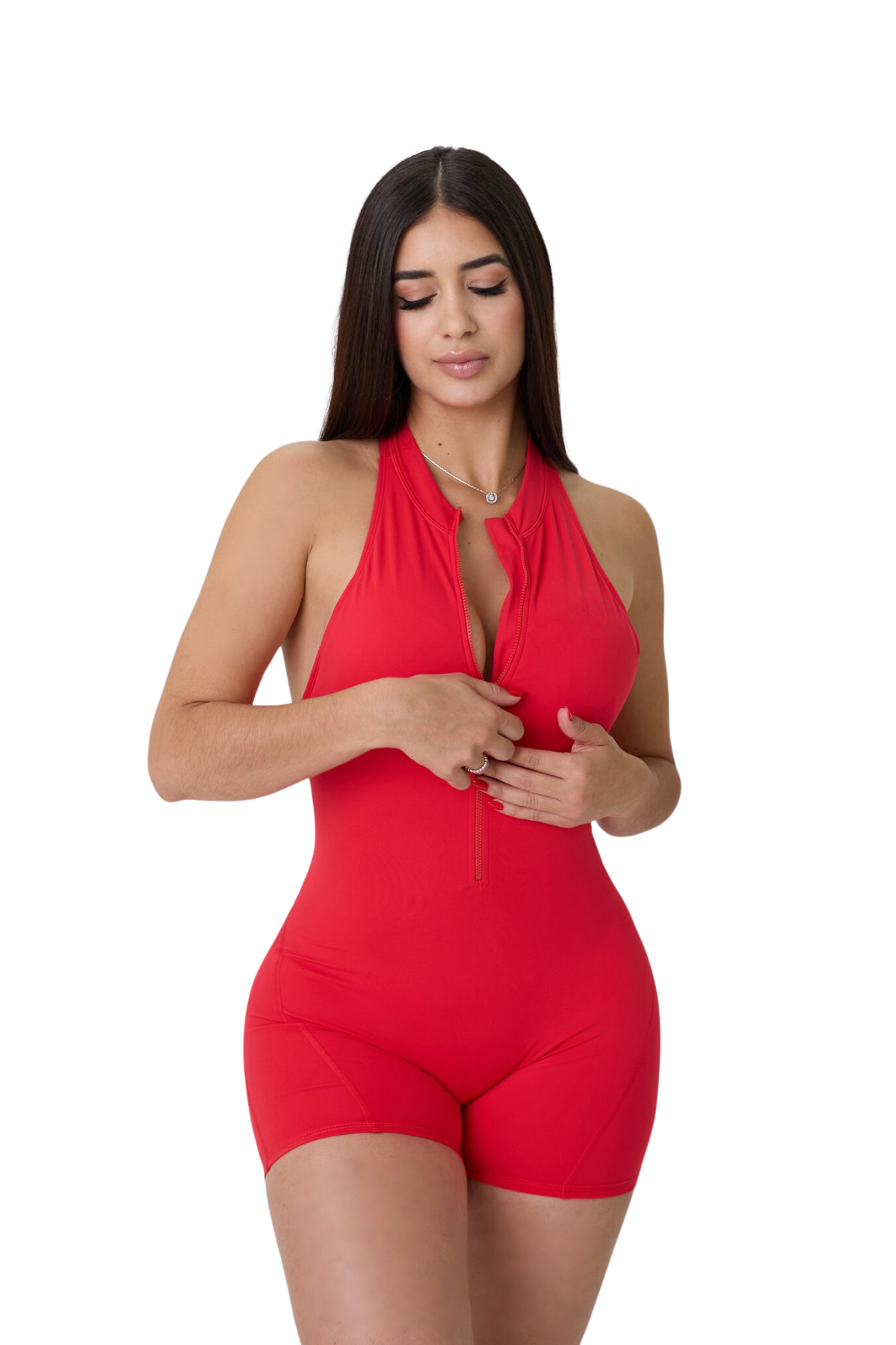 Mila Plunge-Zip Active Romper-Red