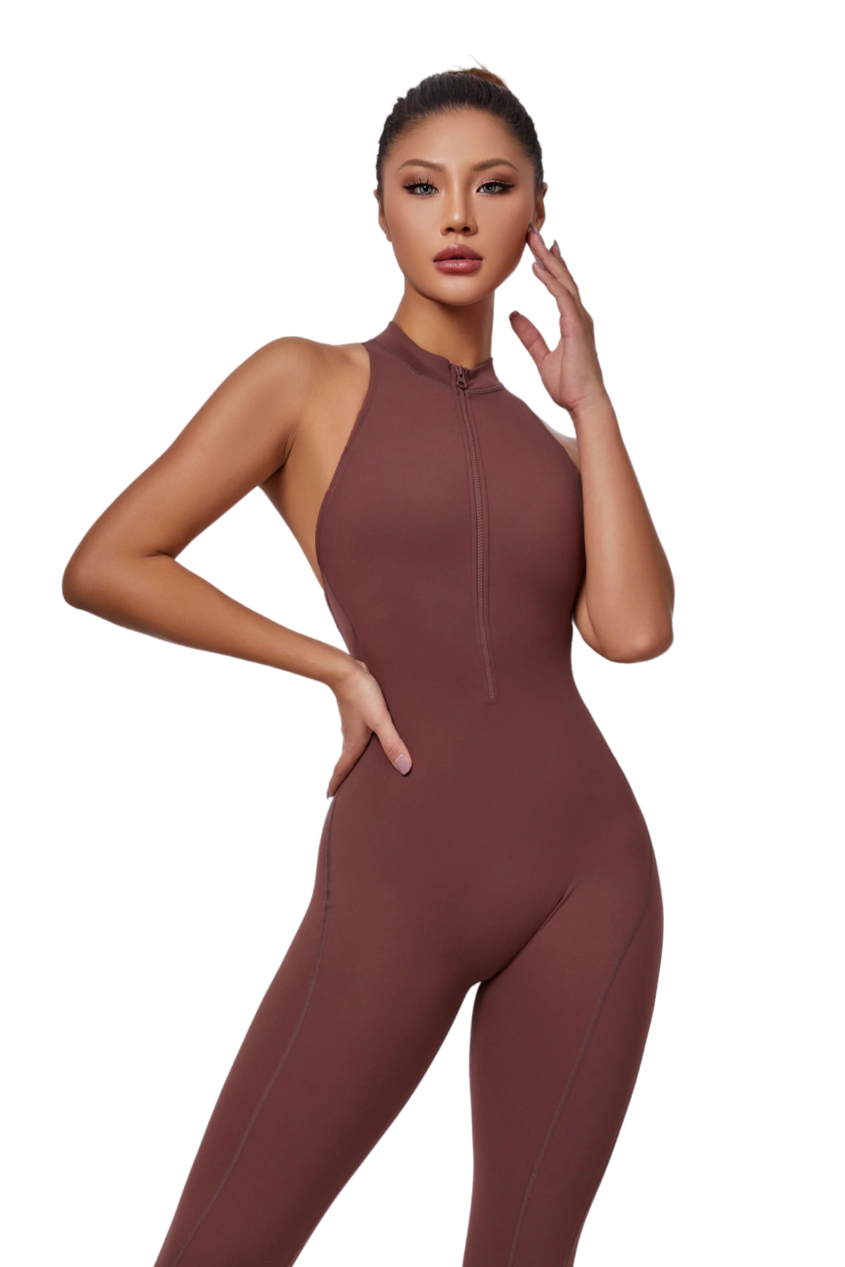 Mila Plunge-Zip Active Jumpsuit-Brown