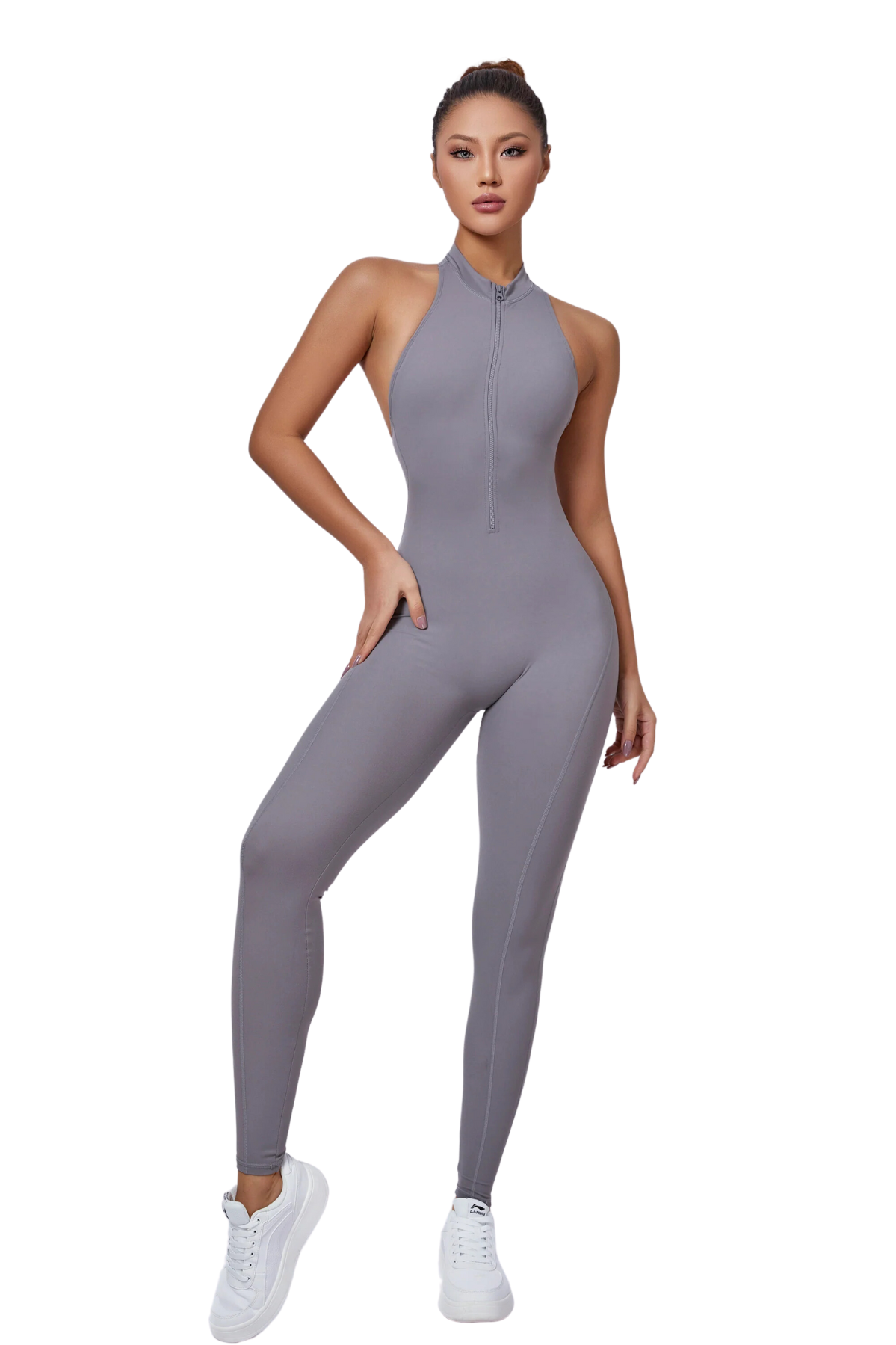 Mila Plunge-Zip Active Jumpsuit-Gray