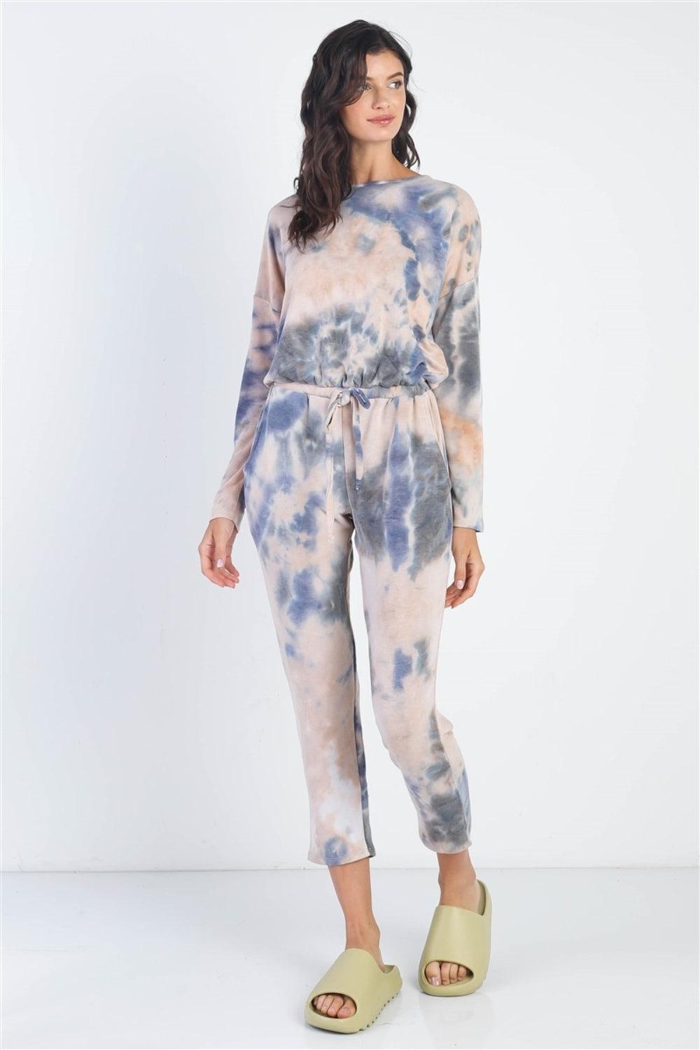 Cherish Apparel Tie-Dye Round Neck Long Sleeve Jumpsuit - Dapper Deluxe Fashion