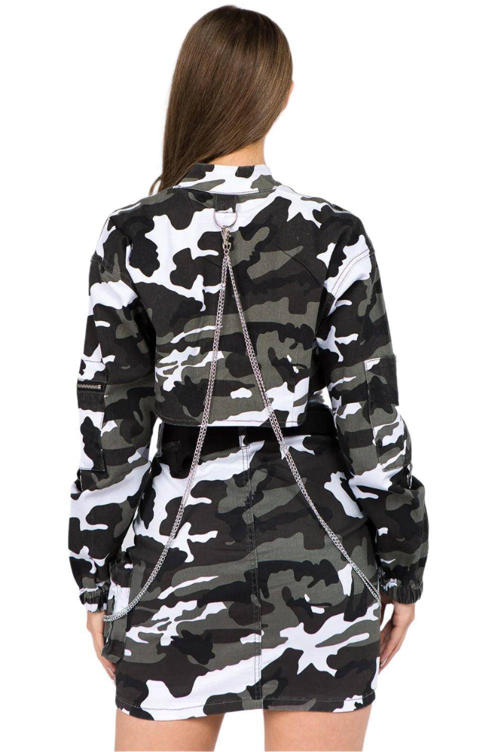 Camouflage Cropped Jacket with Chains - Dapper Deluxe Fashion