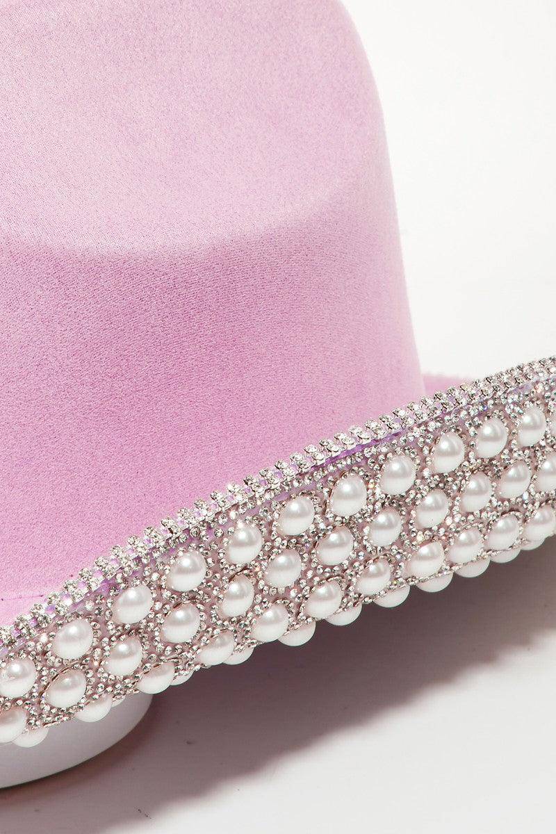 Pave Rhinestone Pearl Trim Cowboy Hat - Dapper Deluxe Fashion