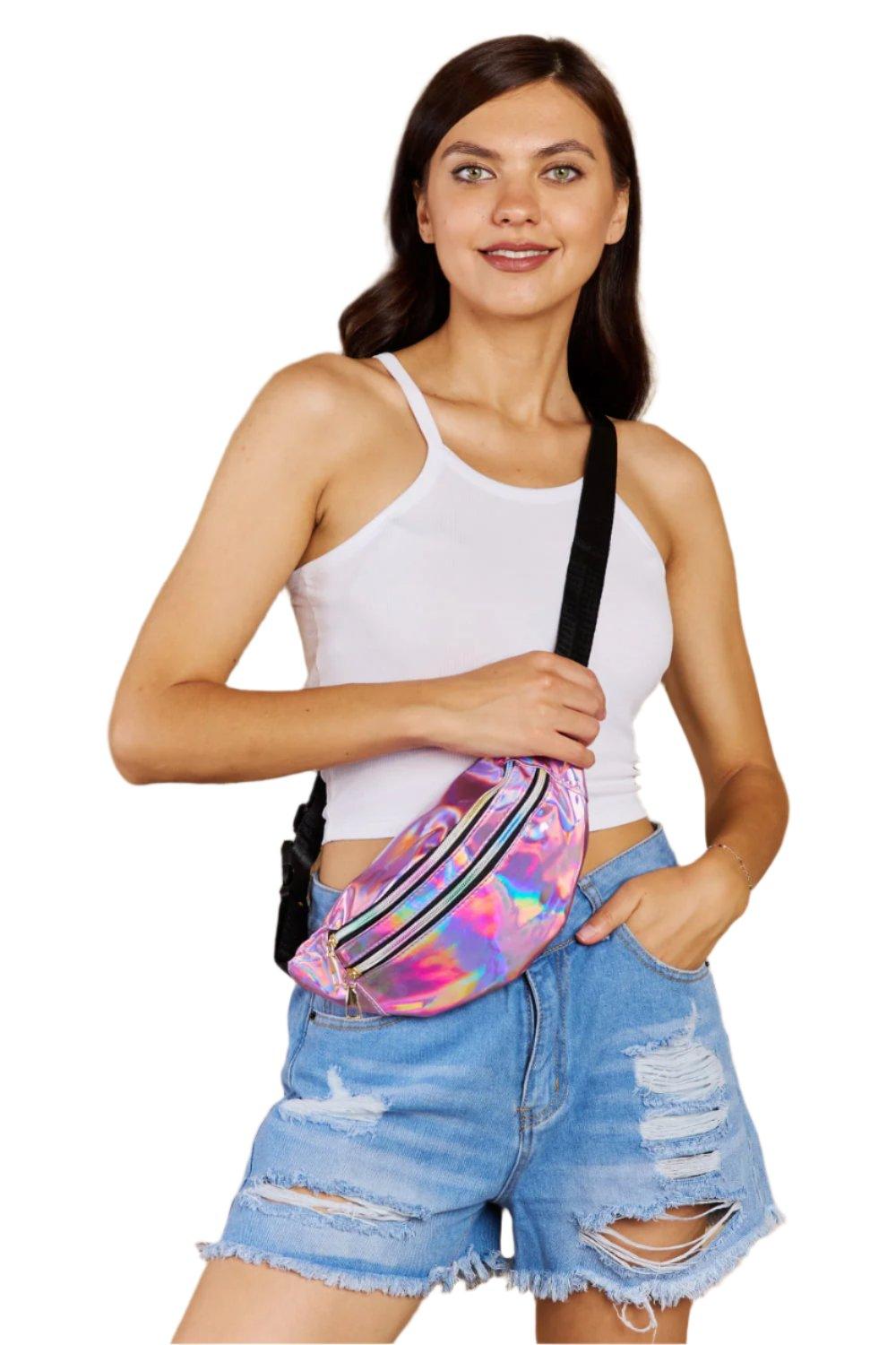 Holographic Double Zipper Fanny Pack in Hot Pink - Dapper Deluxe Fashion