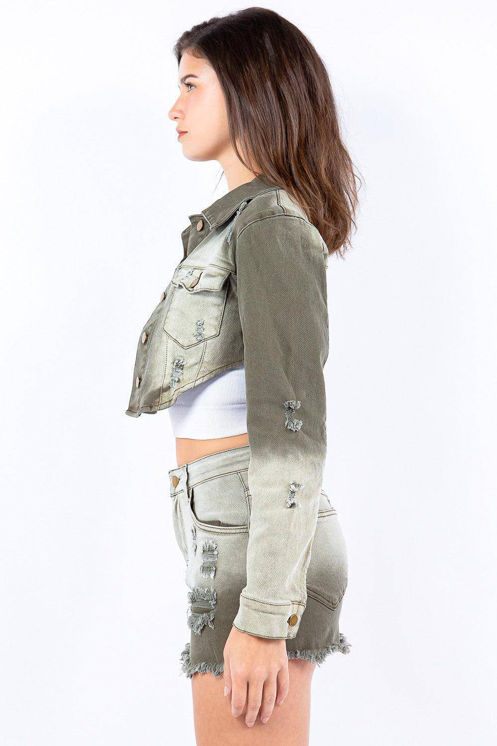 Distressed Ombre Washed Cropped Denim Jacket - Dapper Deluxe Fashion