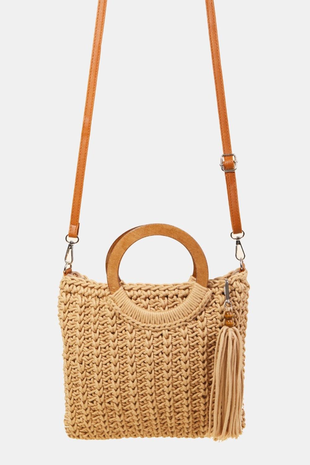 Crochet Knit Convertible Tote Bag with Tassel - Dapper Deluxe Fashion