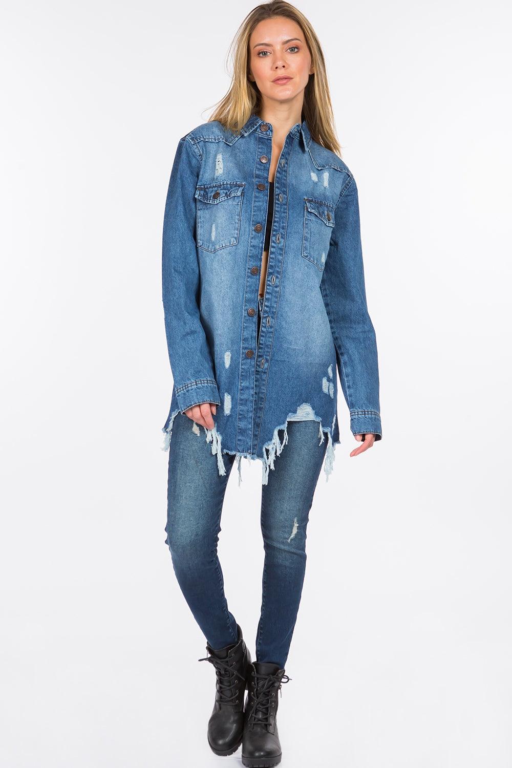 Distressed Frayed Hem Denim Jacket - Dapper Deluxe Fashion