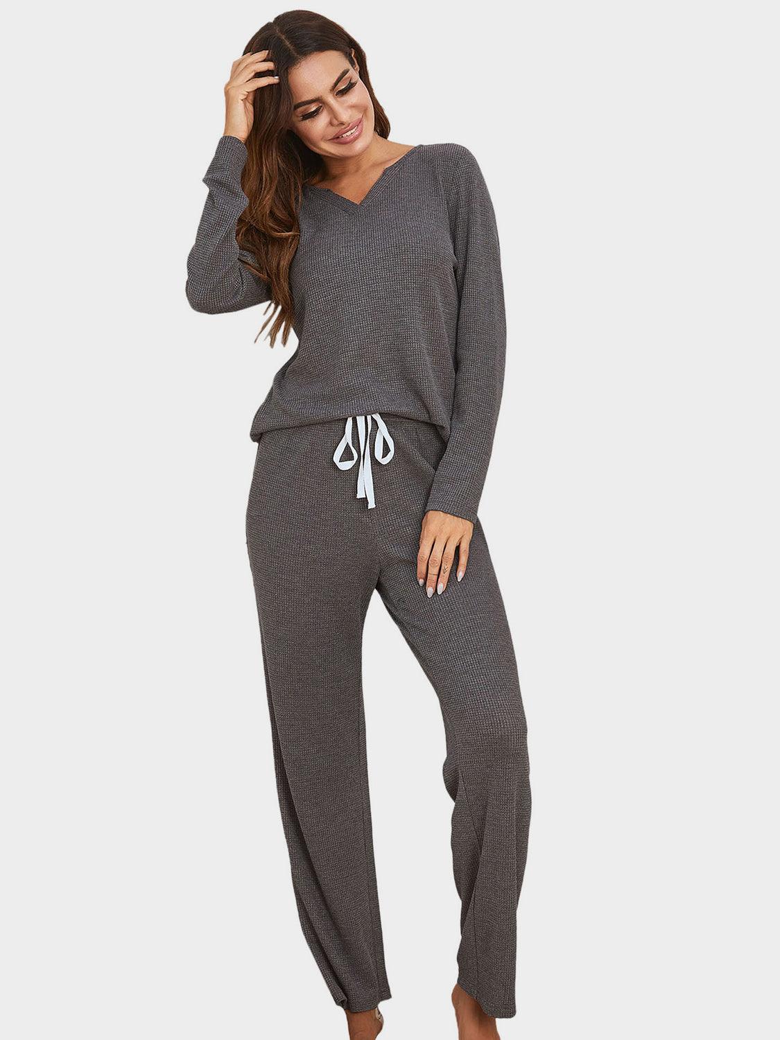 Notched Long Sleeve Top and Pants Set - Dapper Deluxe Fashion