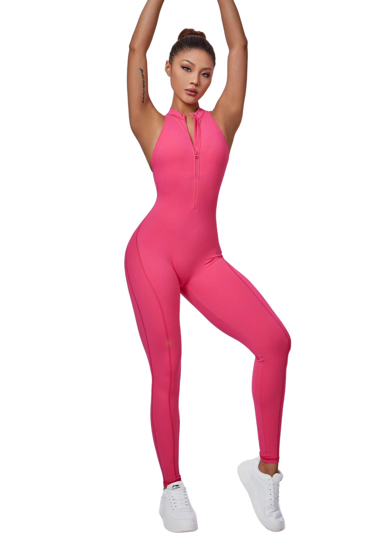 Mila Plunge-Zip Active Jumpsuit-Fuschia