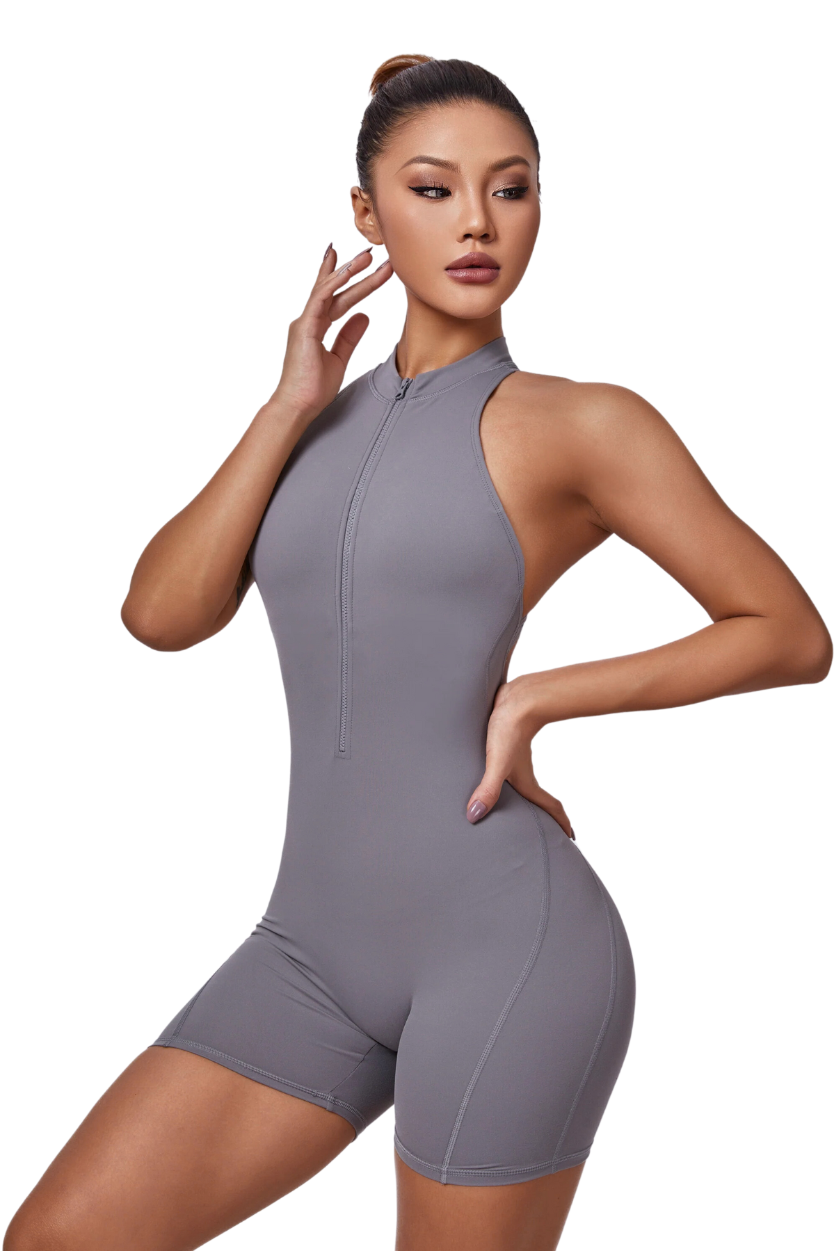 Mila Plunge-Zip Active Romper-Gray