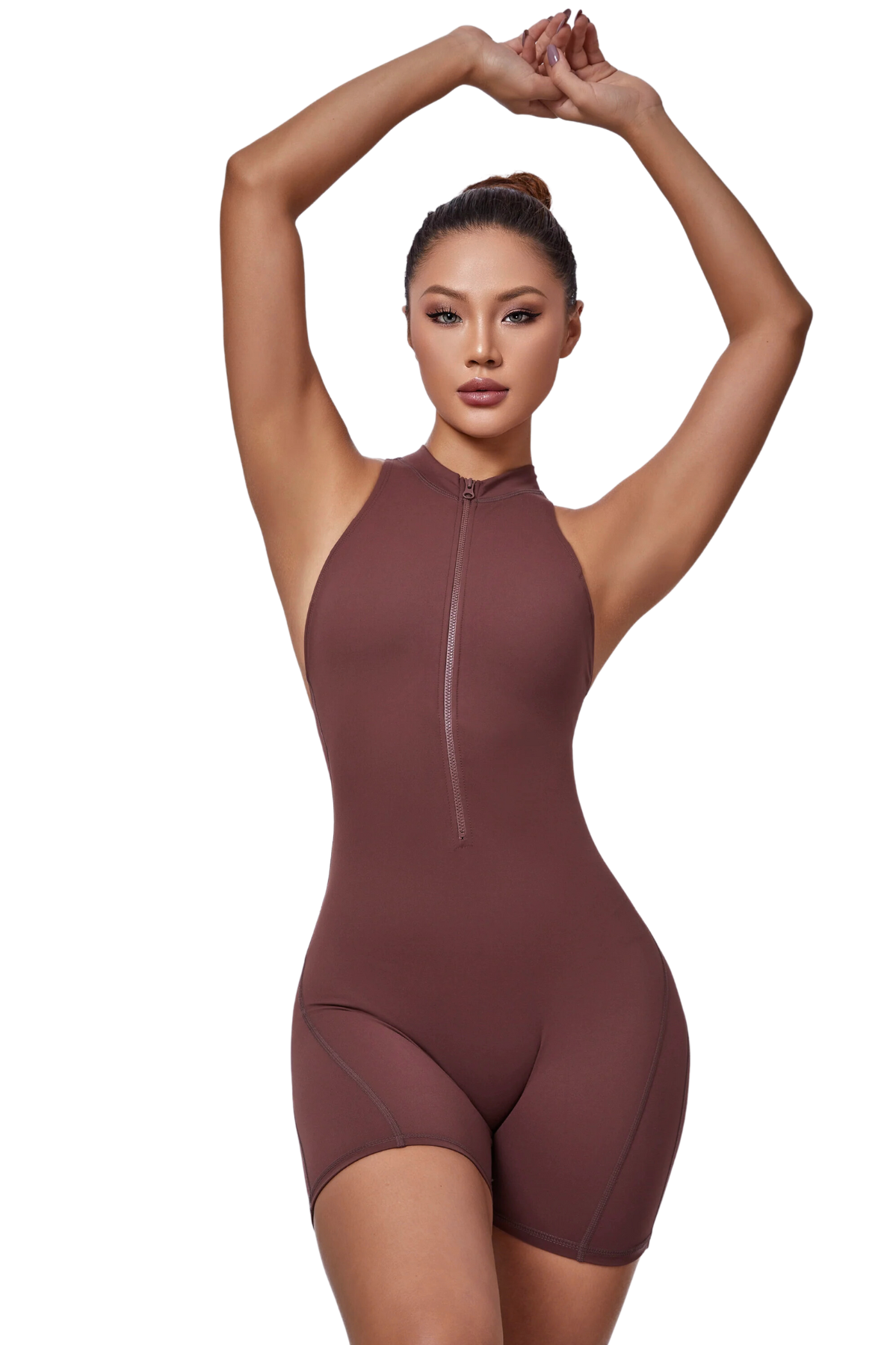 Mila Plunge-Zip Active Romper-Brown