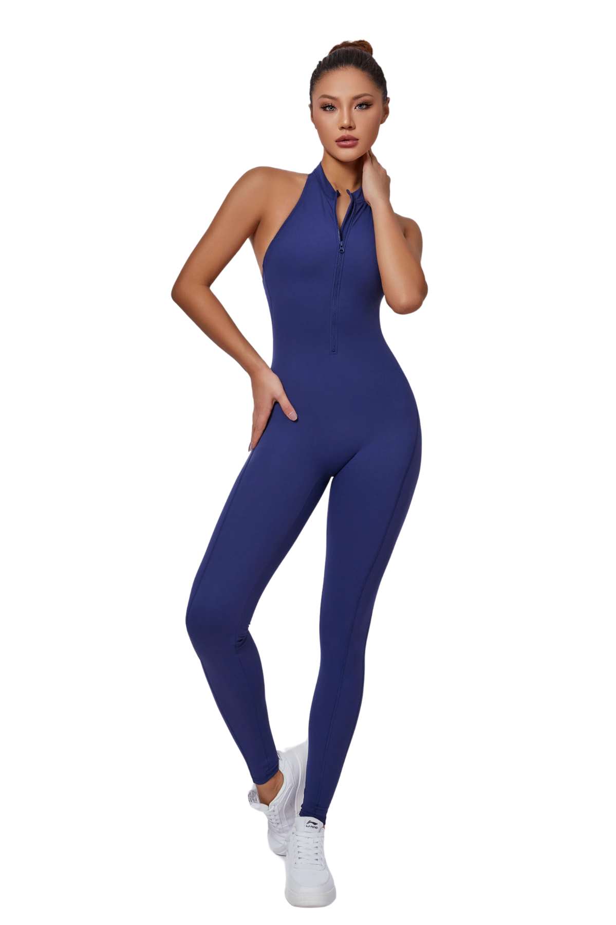 Mila Plunge-Zip Active Jumpsuit-Navy