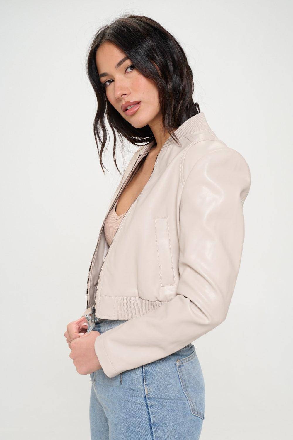 Ava Zip Up Cropped Bomber Jacket in Cream - Dapper Deluxe Fashion