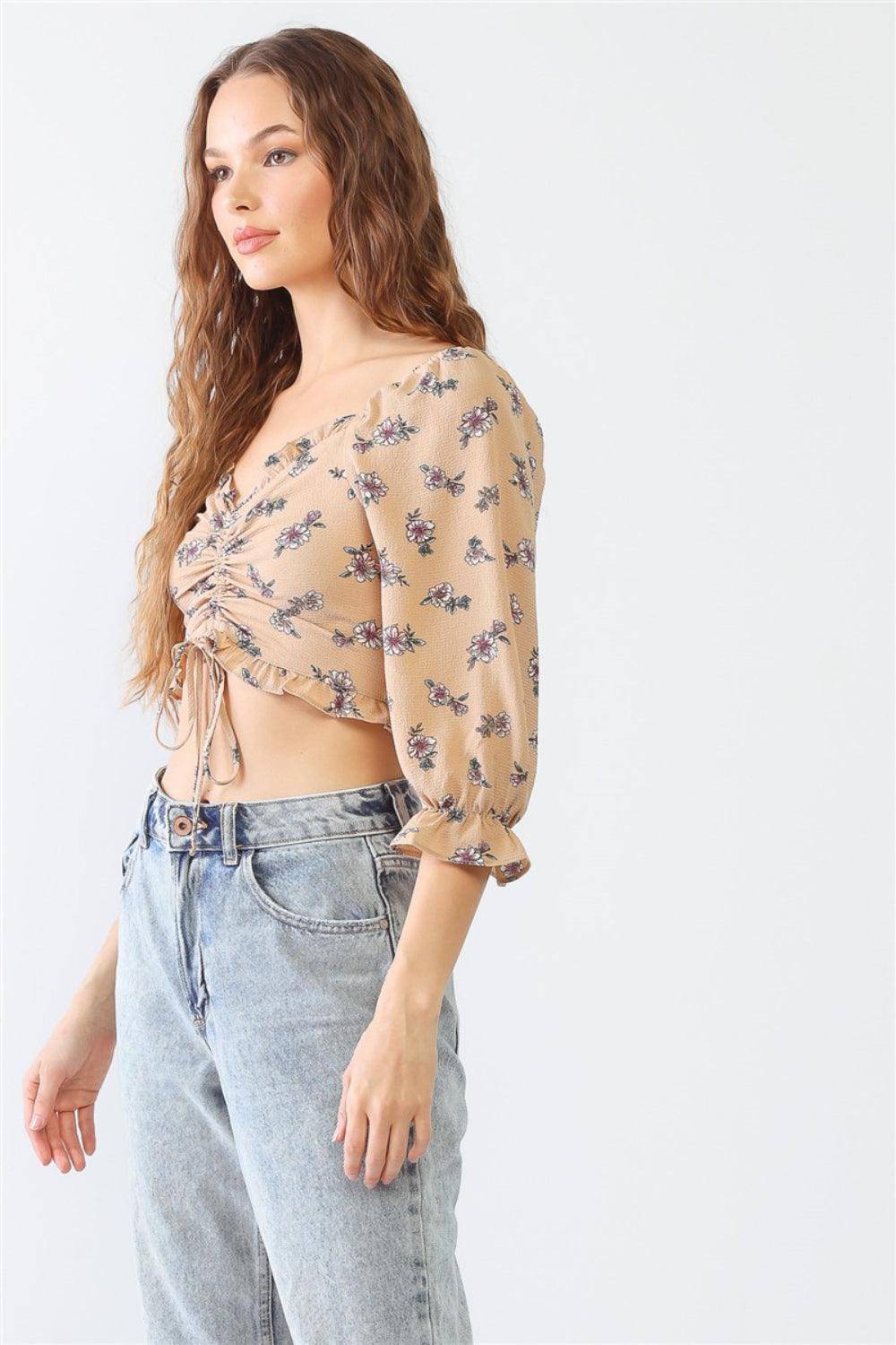 Floral Ruffle Smocked Back Ruched Crop Top - Dapper Deluxe Fashion