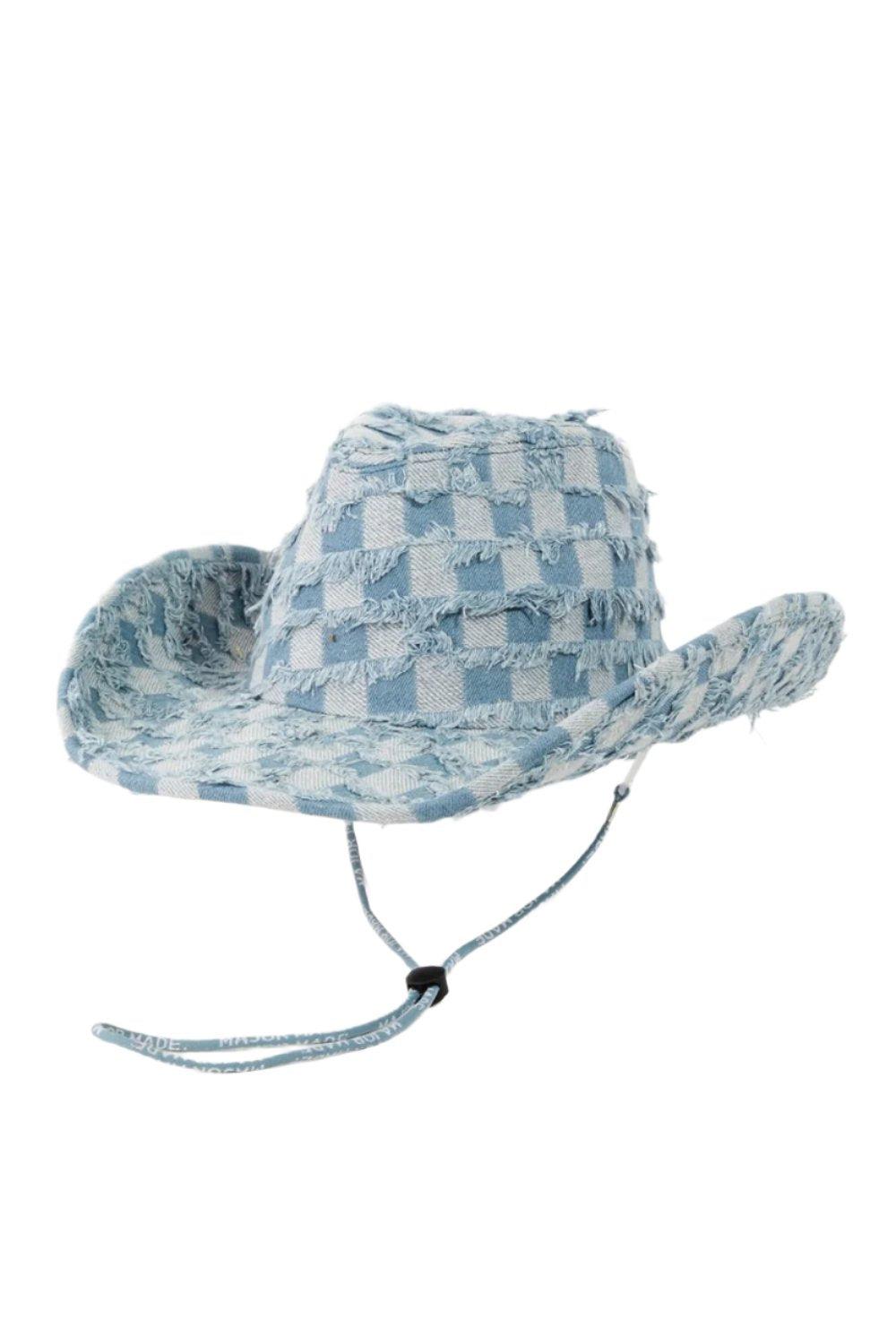 Checkered Fringe Denim Cowboy Hat - Dapper Deluxe Fashion