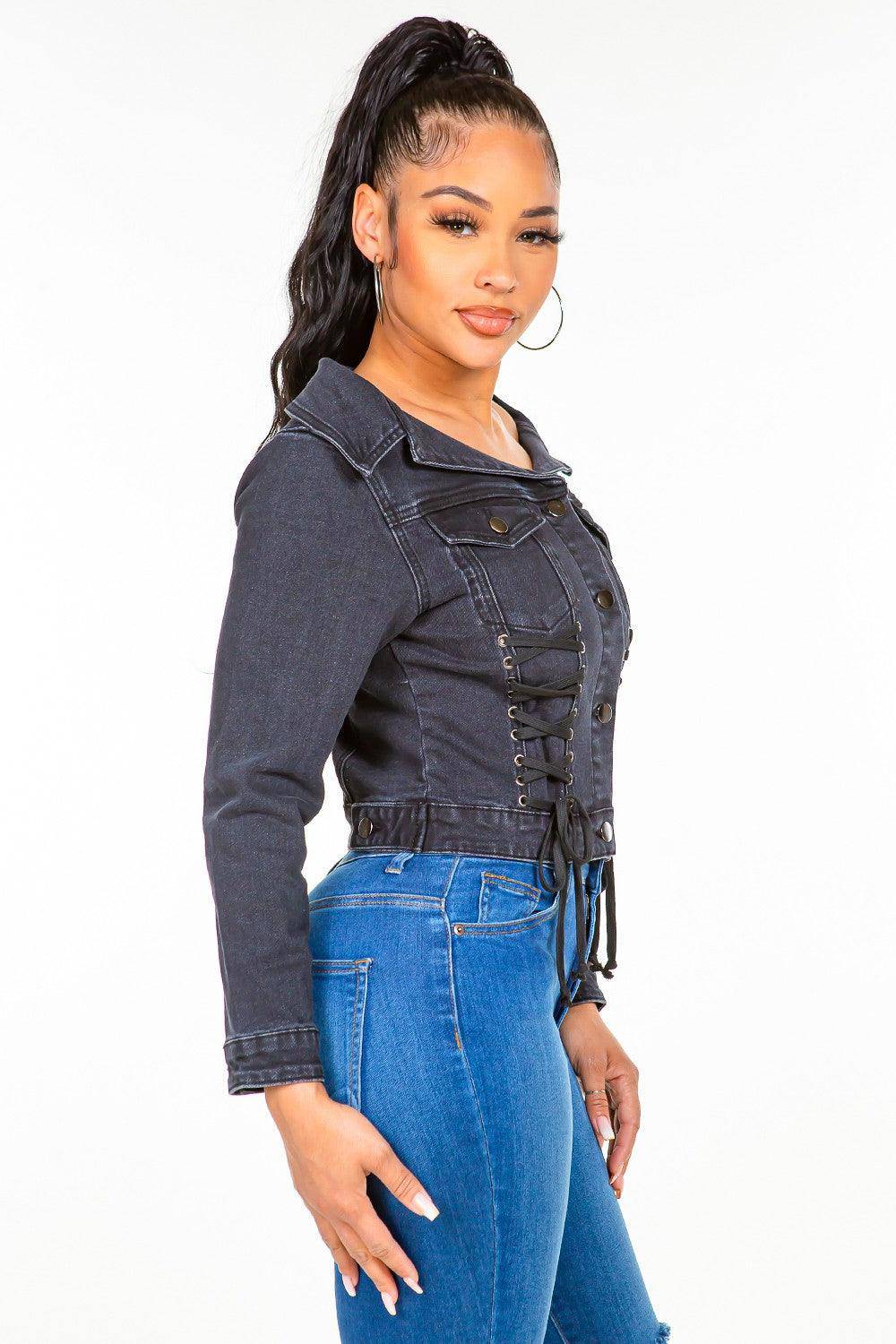 Off Shoulder Lace Up Denim Shacket - Dapper Deluxe Fashion