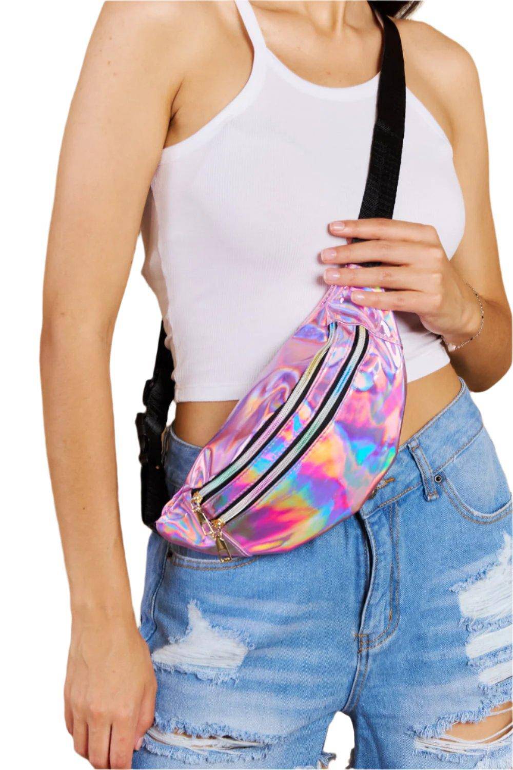 Holographic Double Zipper Fanny Pack in Hot Pink - Dapper Deluxe Fashion