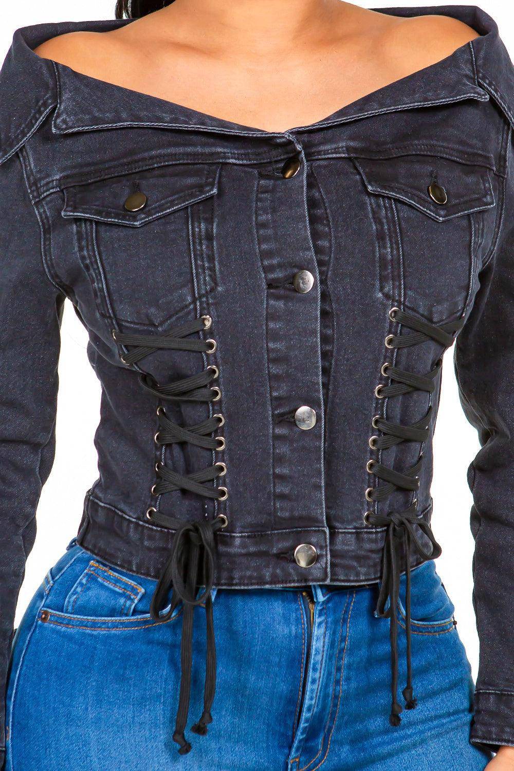 Off Shoulder Lace Up Denim Shacket - Dapper Deluxe Fashion