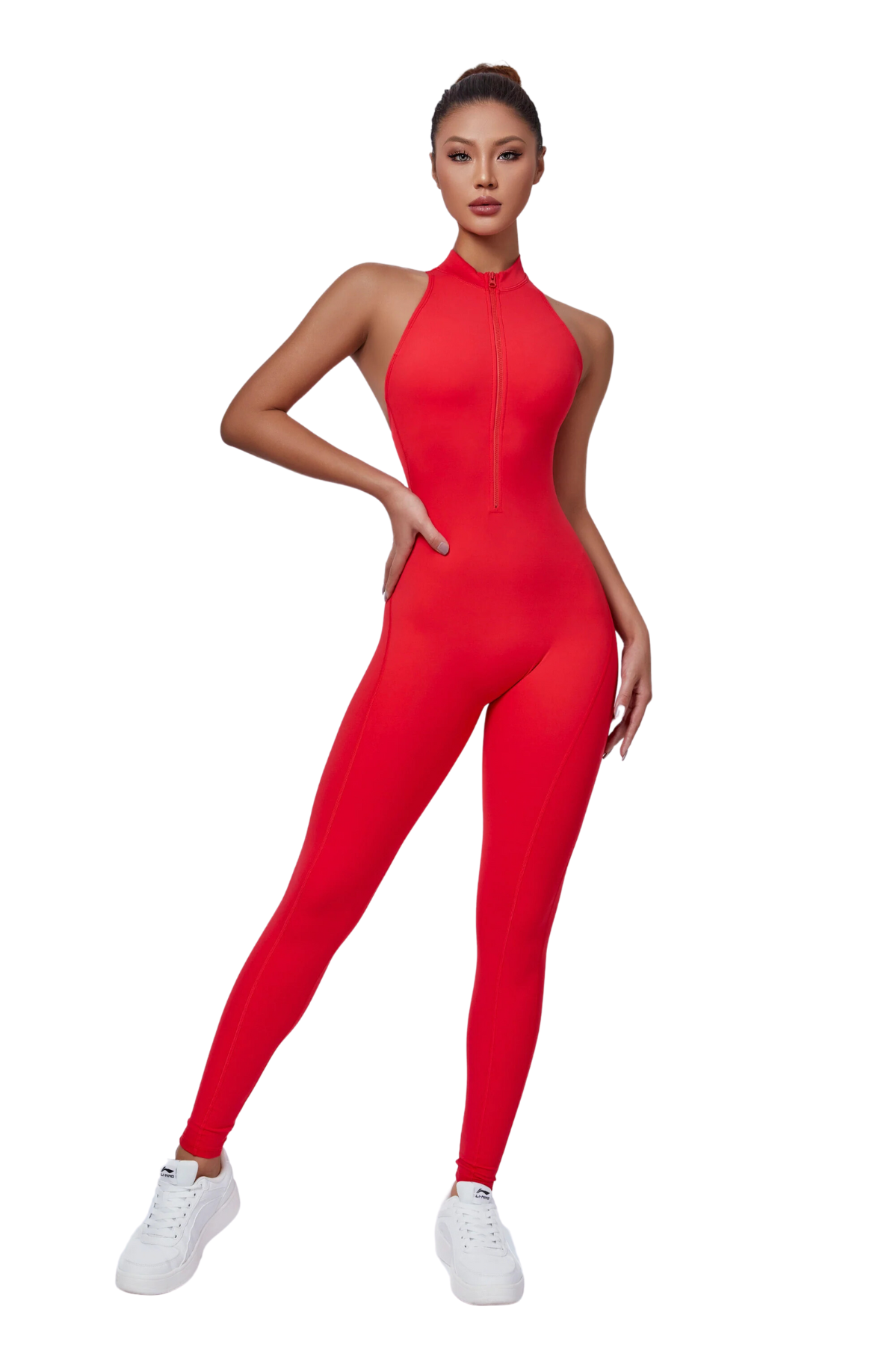 Mila Plunge-Zip Active Jumpsuit-Red