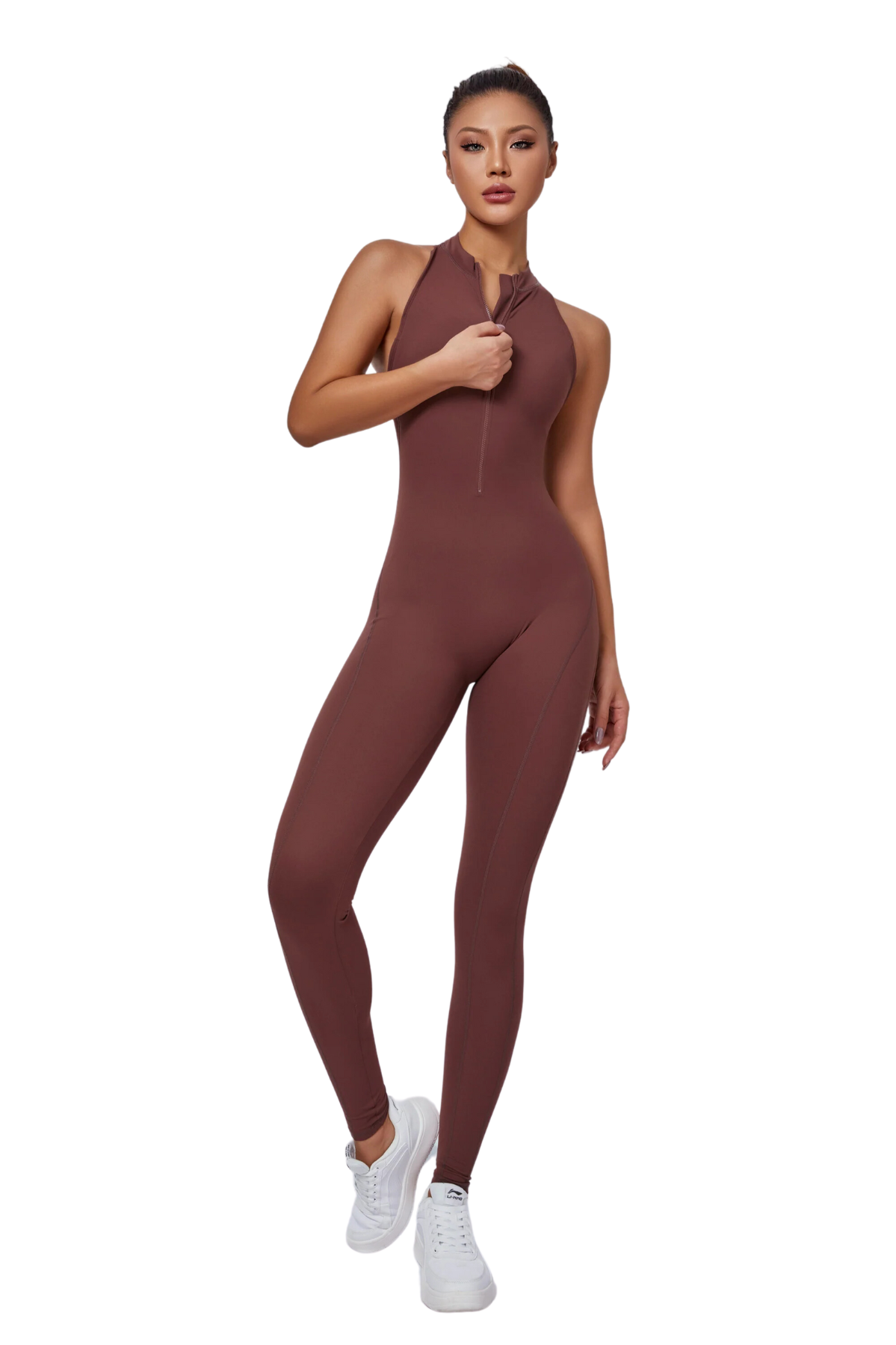 Mila Plunge-Zip Active Jumpsuit-Brown