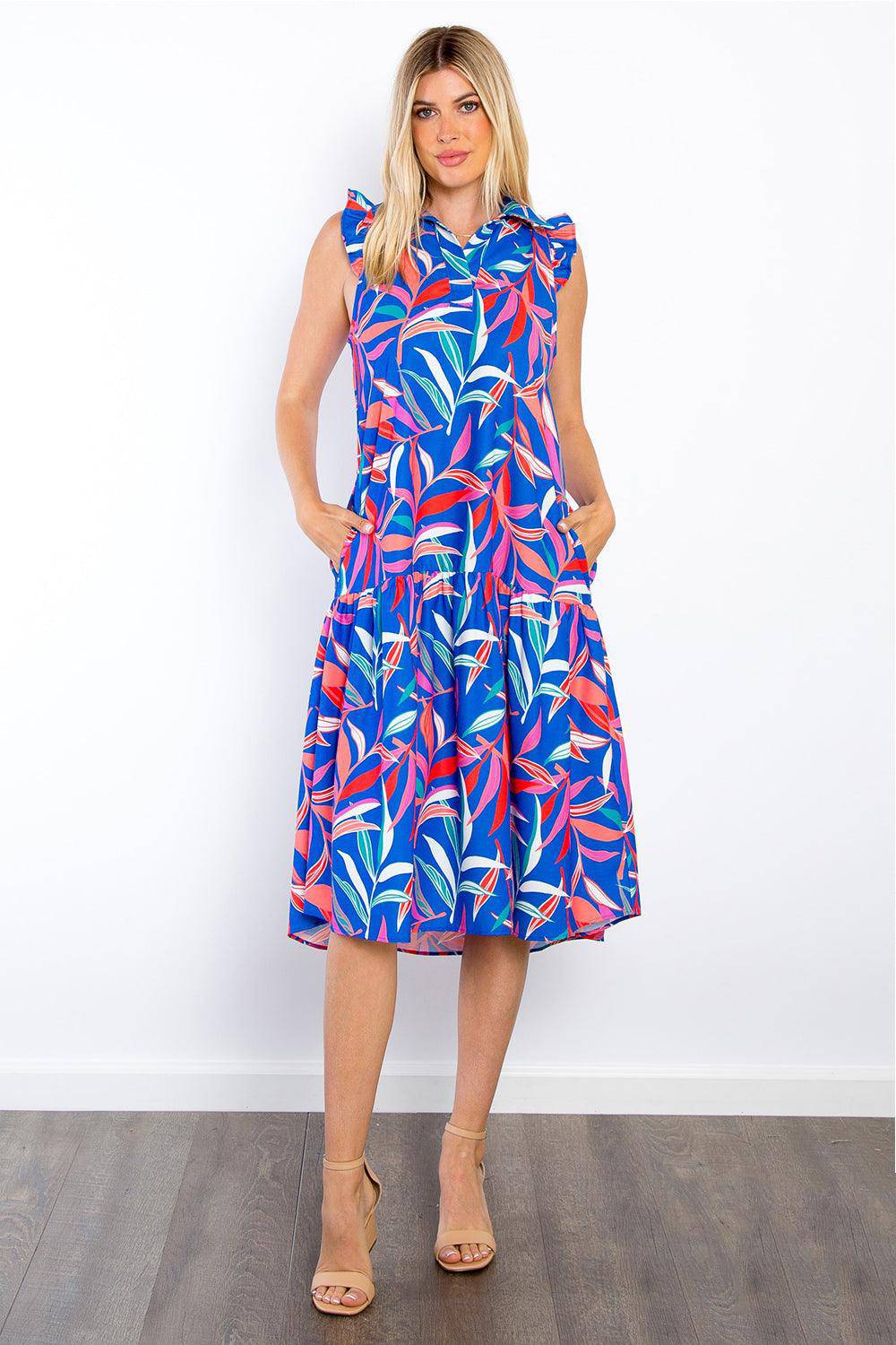 Be Stage Print Ruffled Midi Dress with Pockets - Dapper Deluxe Fashion