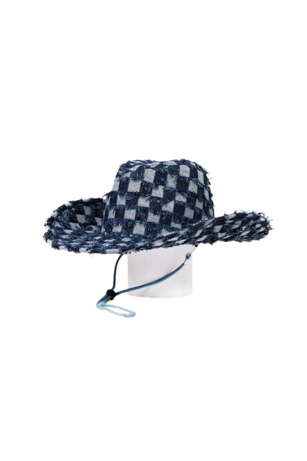 Checkered Fringe Denim Cowboy Hat - Dapper Deluxe Fashion