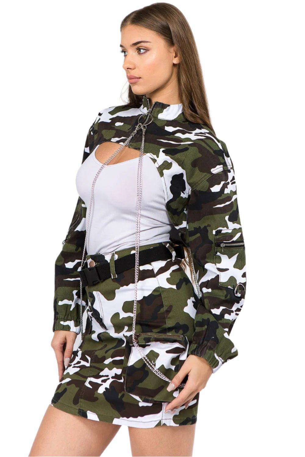 Green Camouflage Cropped Jacket with Chains - Dapper Deluxe Fashion