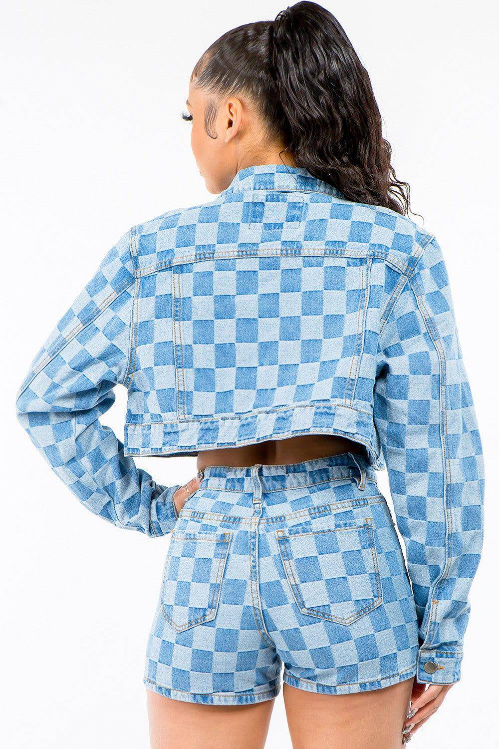 Checkered Long Sleeve Cropped Denim Jacket - Dapper Deluxe Fashion