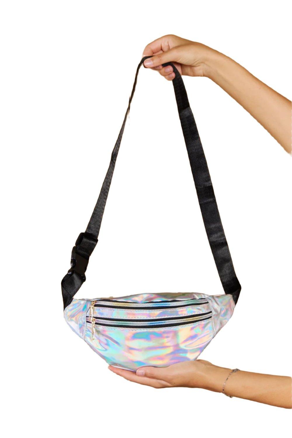 Holographic Double Zipper Fanny Pack in Silver - Dapper Deluxe Fashion