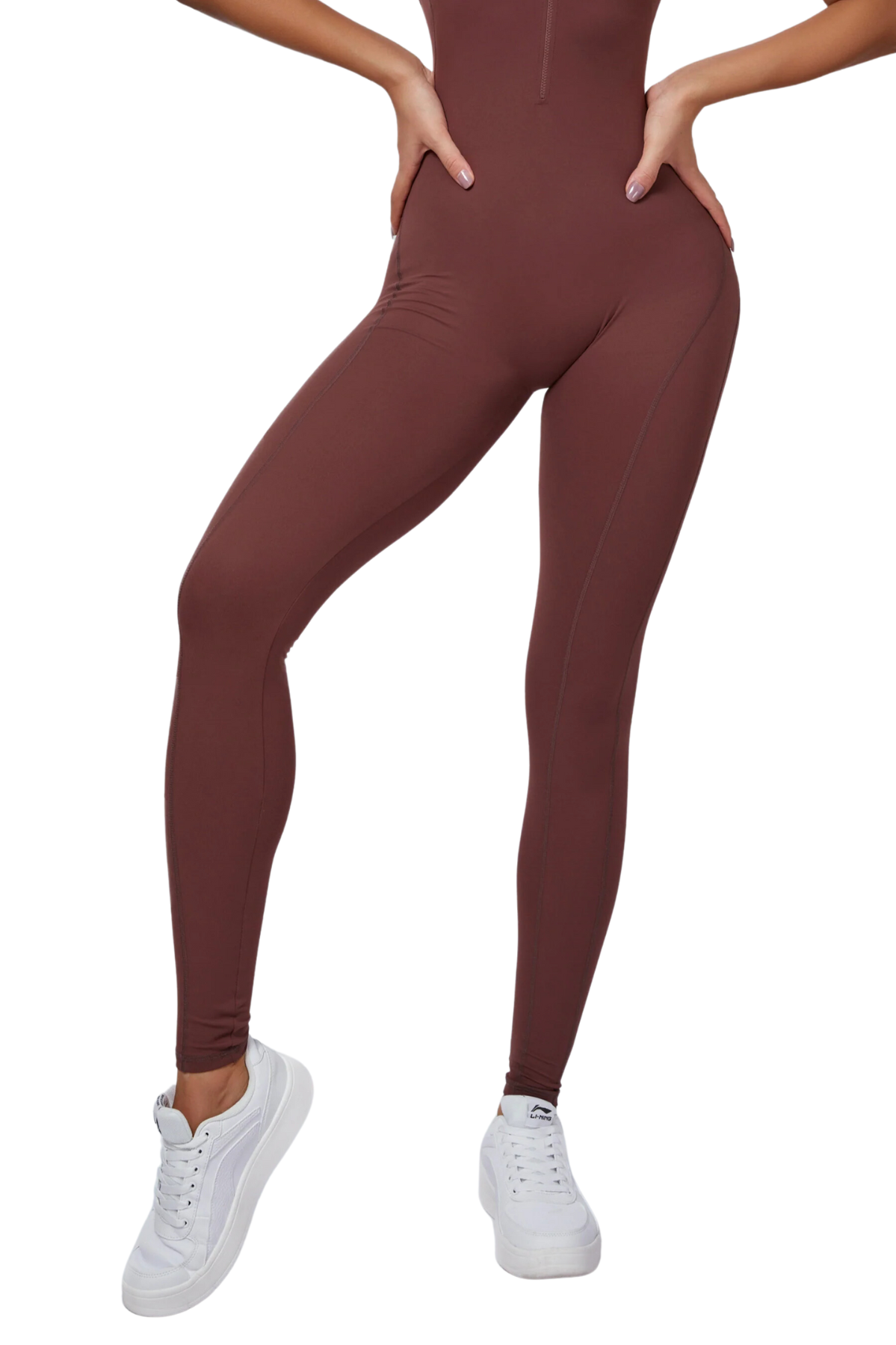 Mila Plunge-Zip Active Jumpsuit-Brown