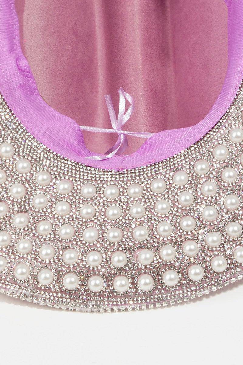 Pave Rhinestone Pearl Trim Cowboy Hat - Dapper Deluxe Fashion